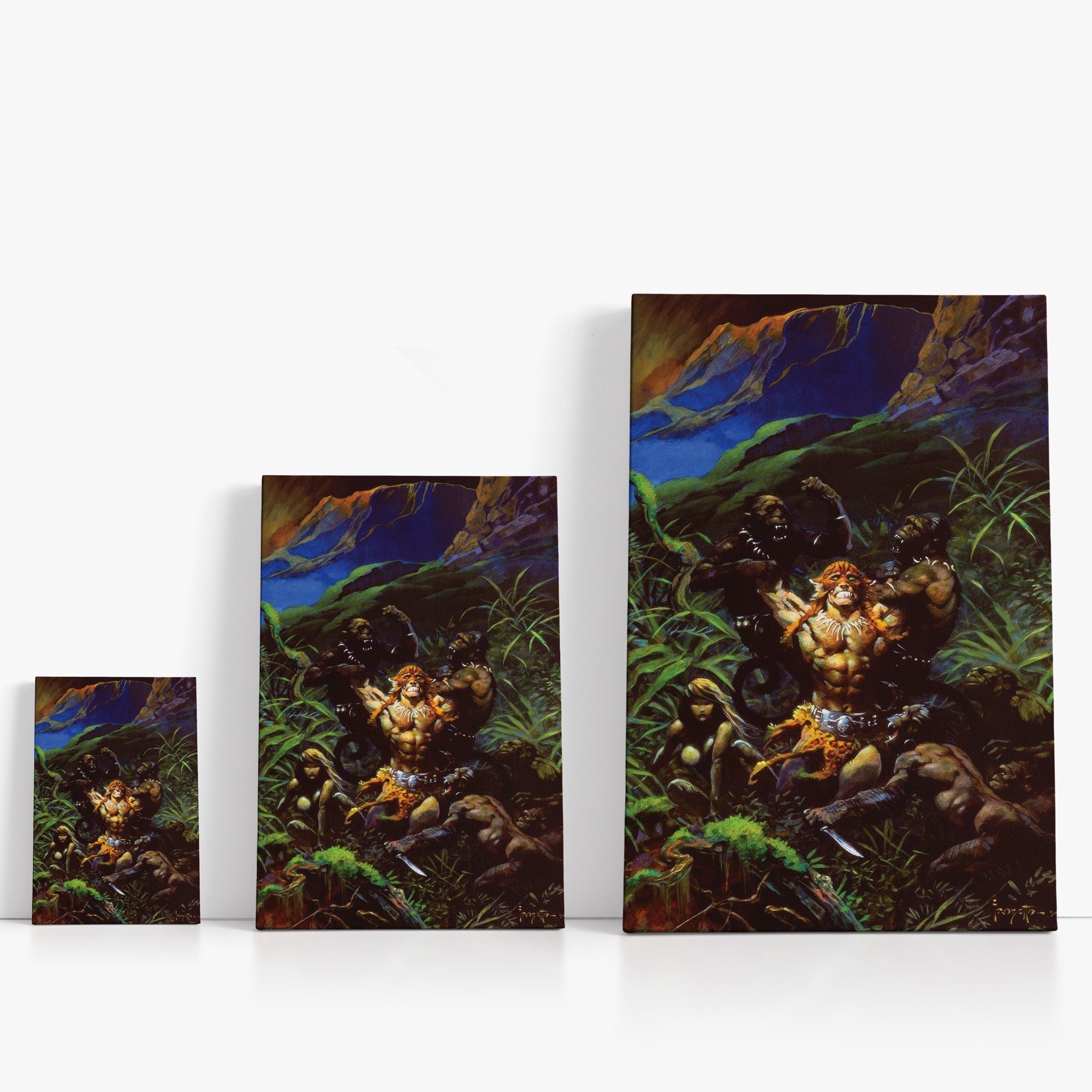 Three wrap-around canvas prints of Frazetta’s Jaguar God I in different sizes, showcasing the artwork with mirror-wrapped edges for a seamless, dimensional look.