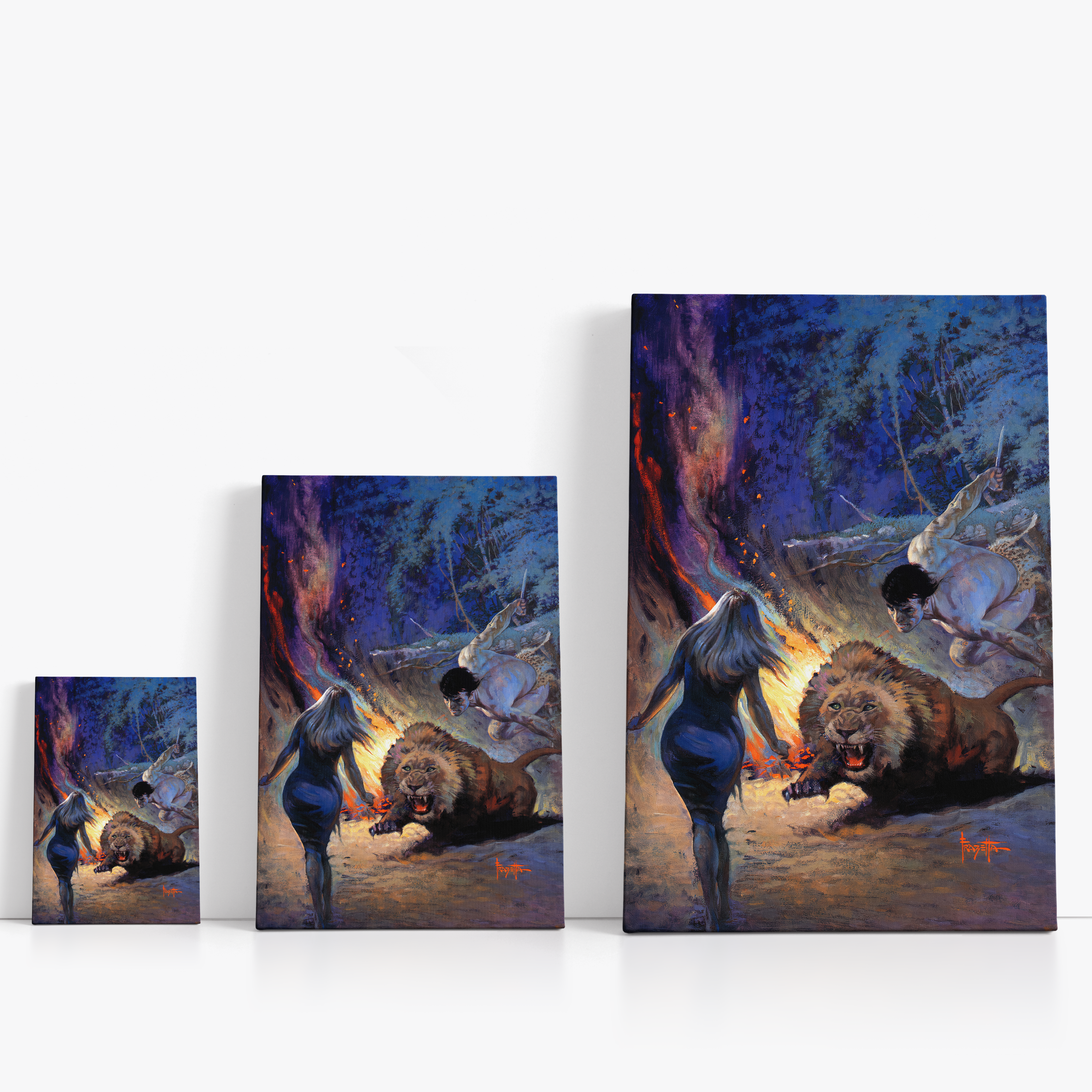 Three wrap-around canvas prints of Frazetta’s Jewels of Opar in different sizes, showcasing the artwork with mirror-wrapped edges for a seamless, dimensional look.