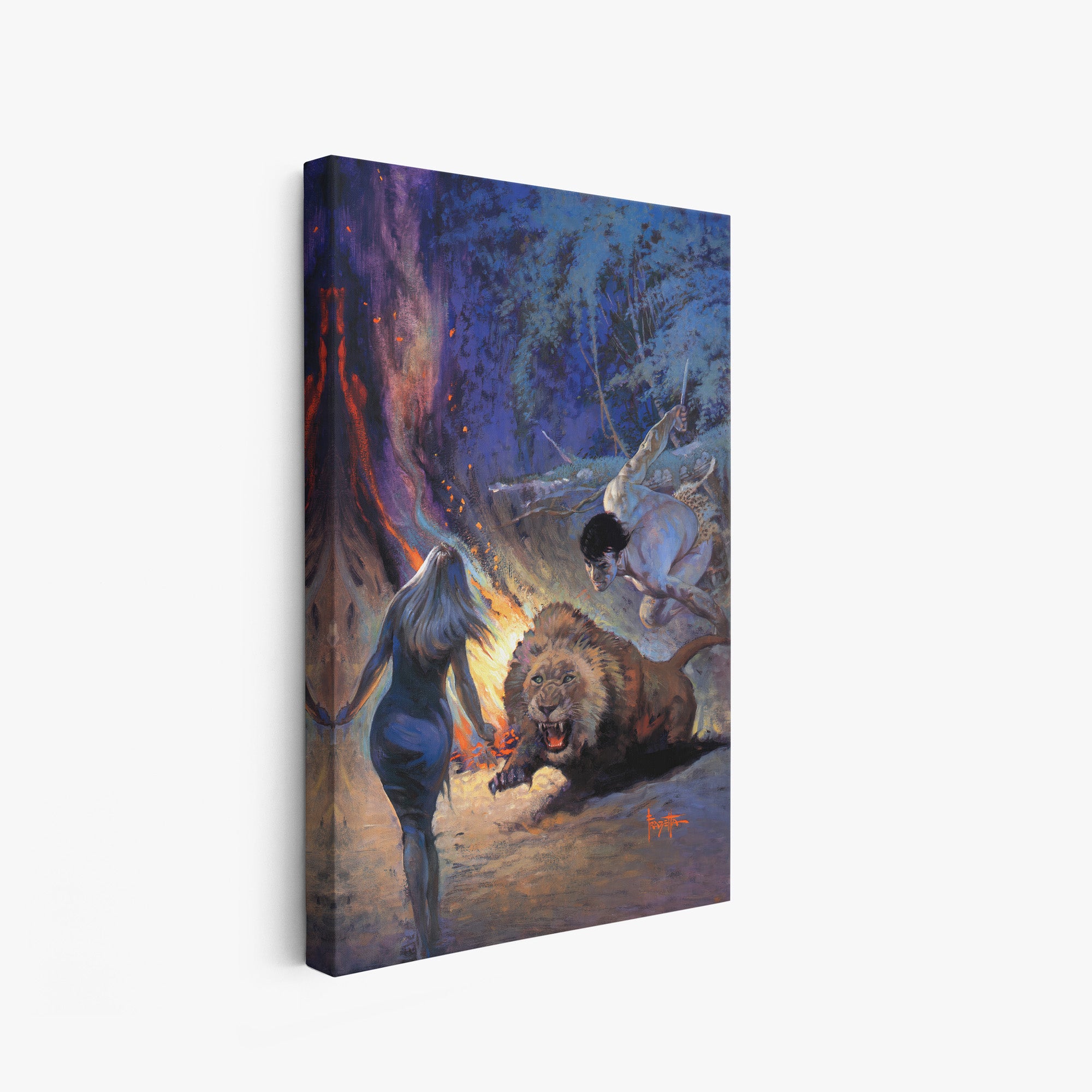 A canvas print of Frazetta’s Jewels of Opar hung on a white wall, showcasing the artwork with mirror-wrapped edges for a seamless, dimensional look.