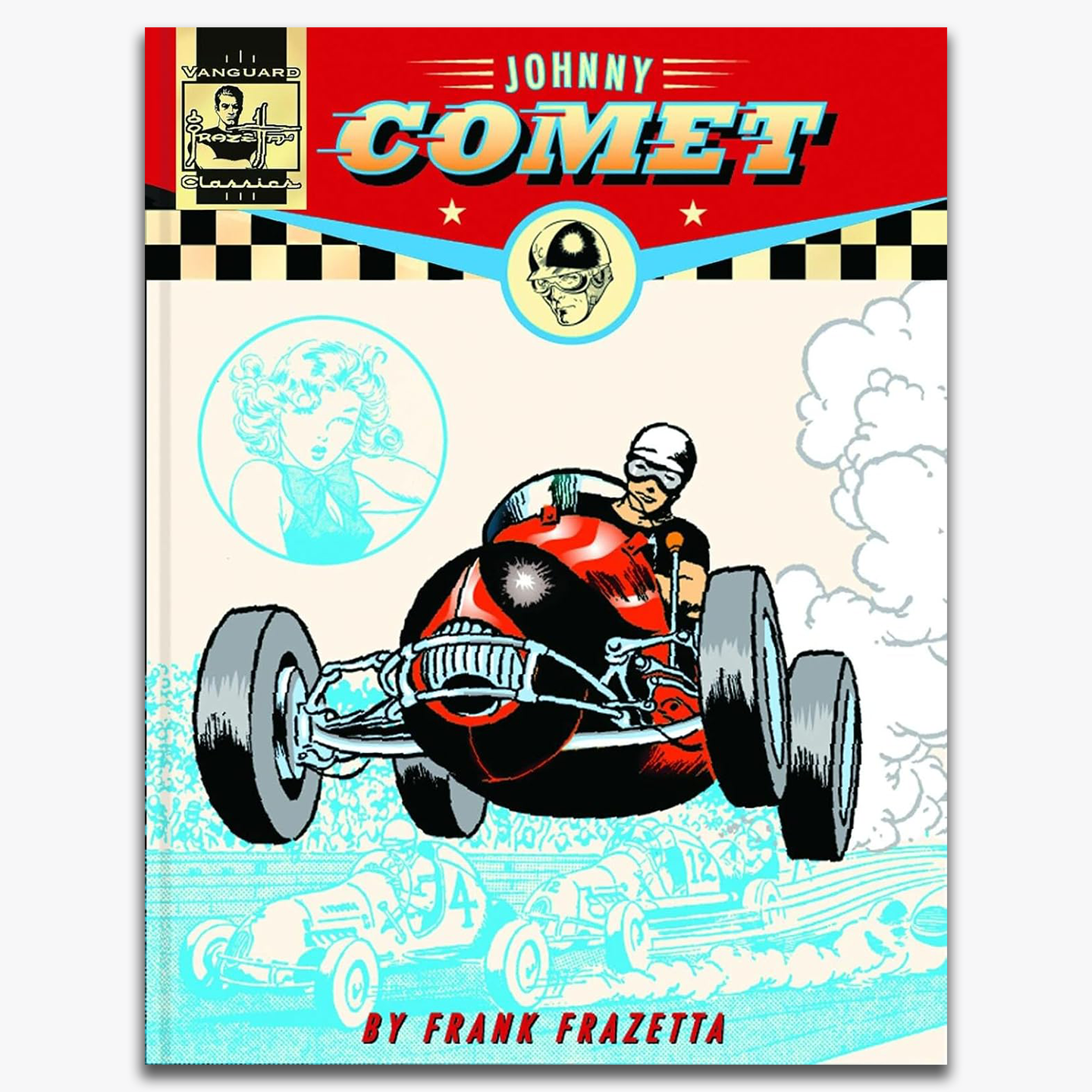 Cover of the "Johnny Comet" book by Frank Frazetta, showing an illustration of a race car with a driver in a helmet speeding on a track, surrounded by smoke and additional race cars in the background. The title "Johnny Comet" is prominently displayed at the top, with a vintage style design and a girl in a circular inset in the background.