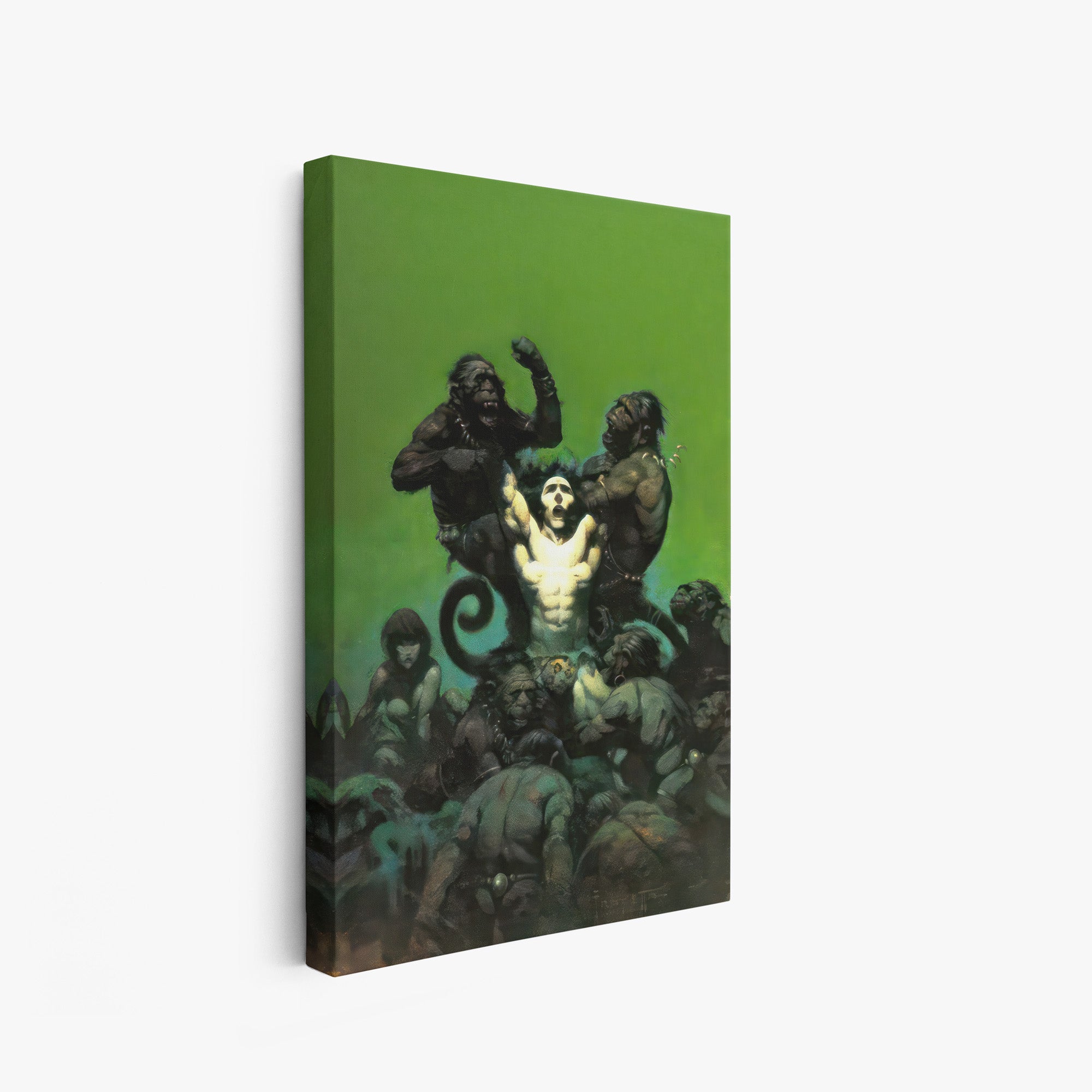 A canvas print of Frazetta’s Jongor hung on a white wall, showcasing the artwork with mirror-wrapped edges for a seamless, dimensional look.