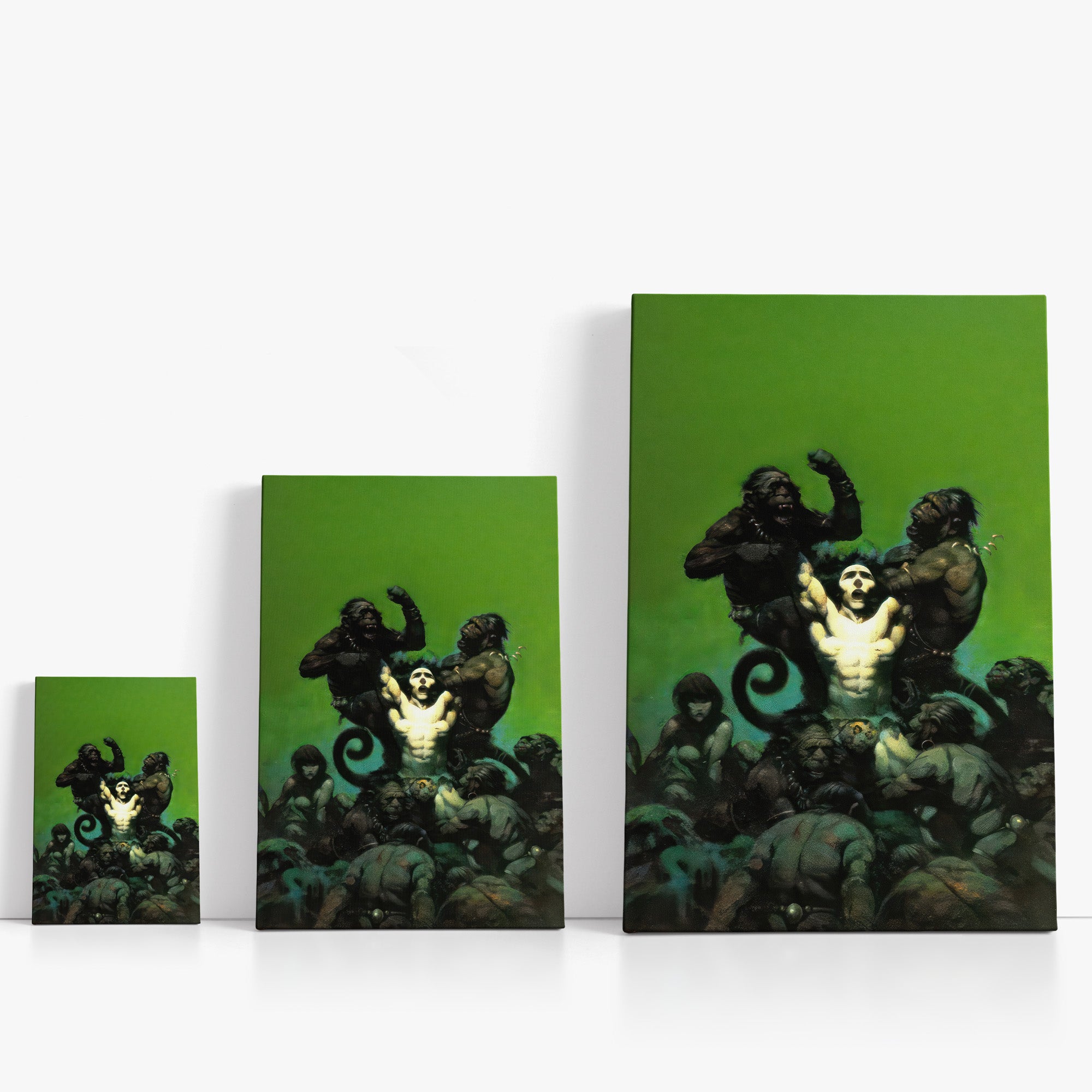 Three wrap-around canvas prints of Frazetta’s Jongor in different sizes, showcasing the artwork with mirror-wrapped edges for a seamless, dimensional look.