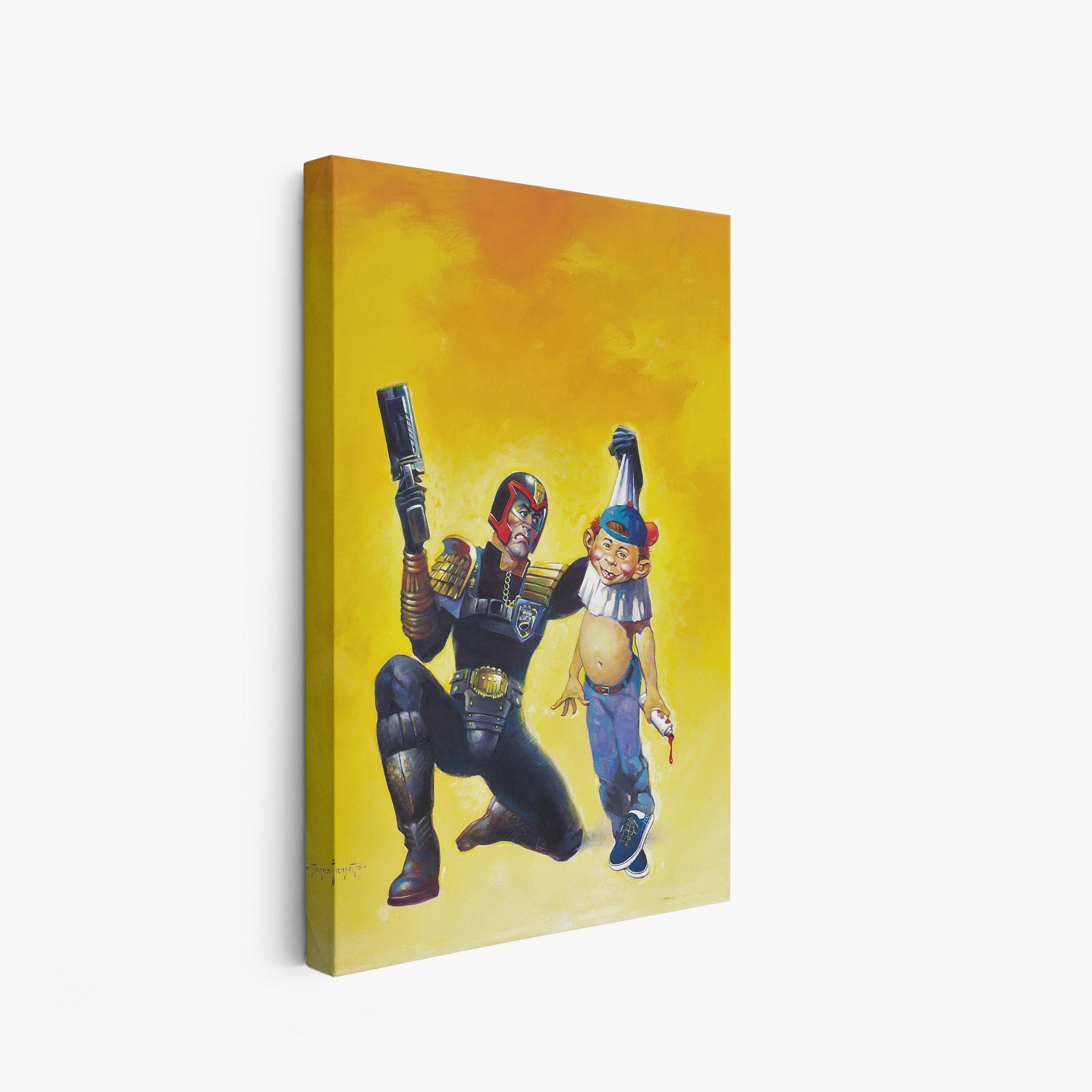 A canvas print of Frazetta’s Judge Dreddful hung on a white wall, showcasing the artwork with mirror-wrapped edges for a seamless, dimensional look.