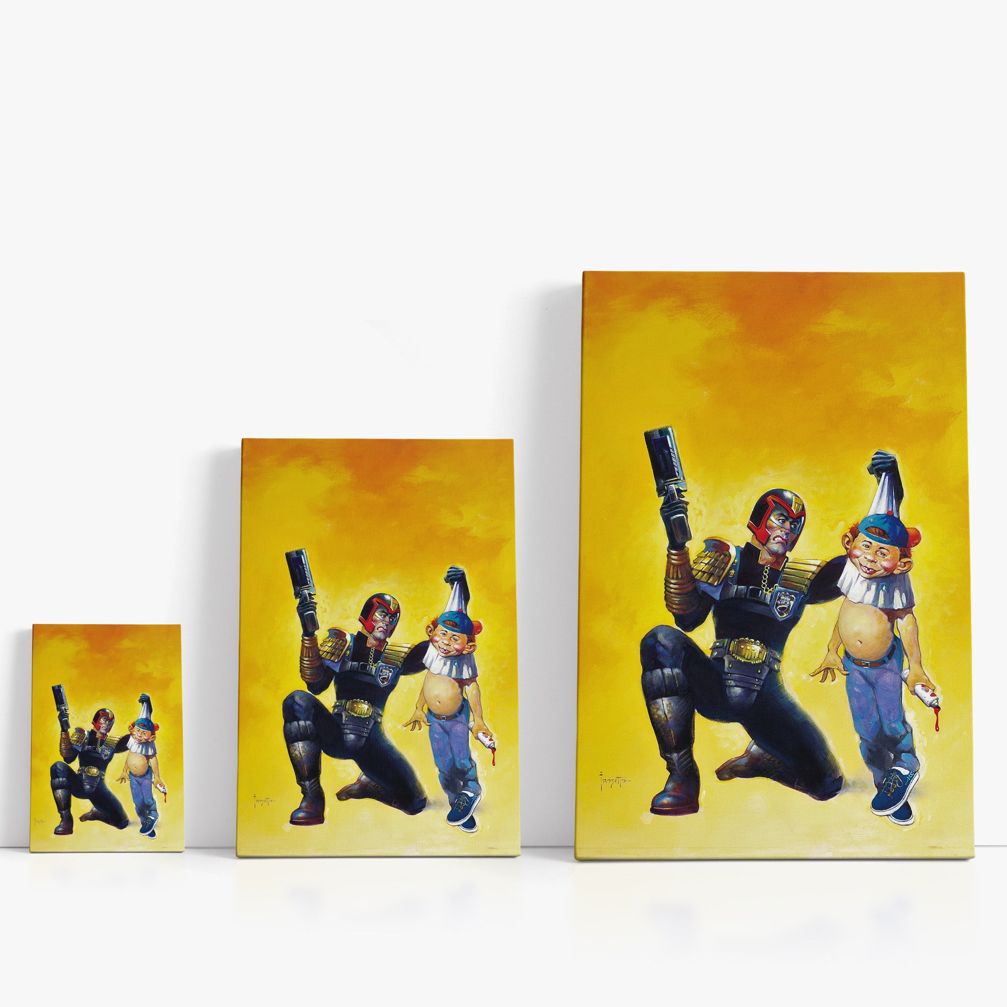 Three wrap-around canvas prints of Frazetta’s Judge Dreddful in different sizes, showcasing the artwork with mirror-wrapped edges for a seamless, dimensional look.