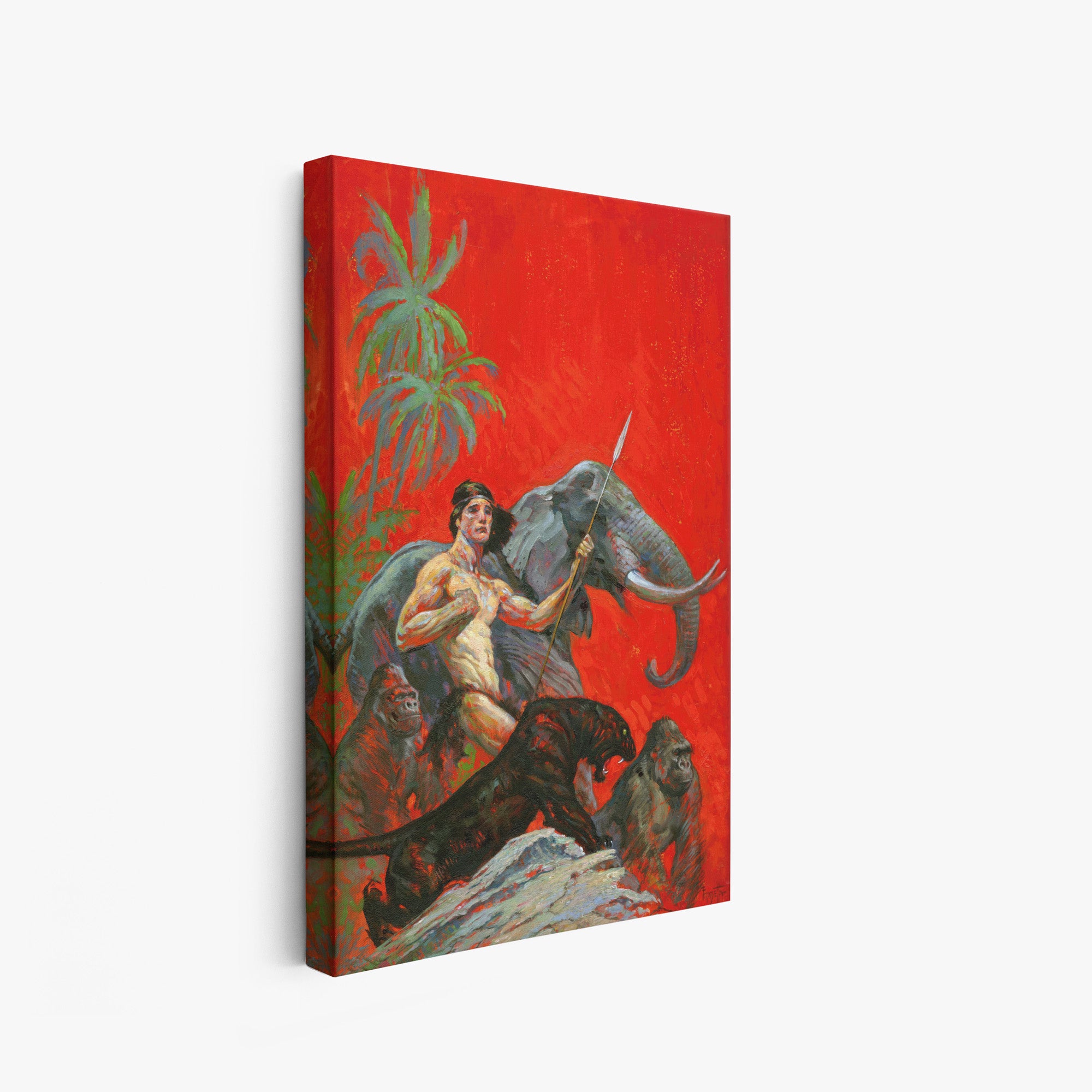 A canvas print of Frazetta’s Jungle Beasts hung on a white wall, showcasing the artwork with mirror-wrapped edges for a seamless, dimensional look.