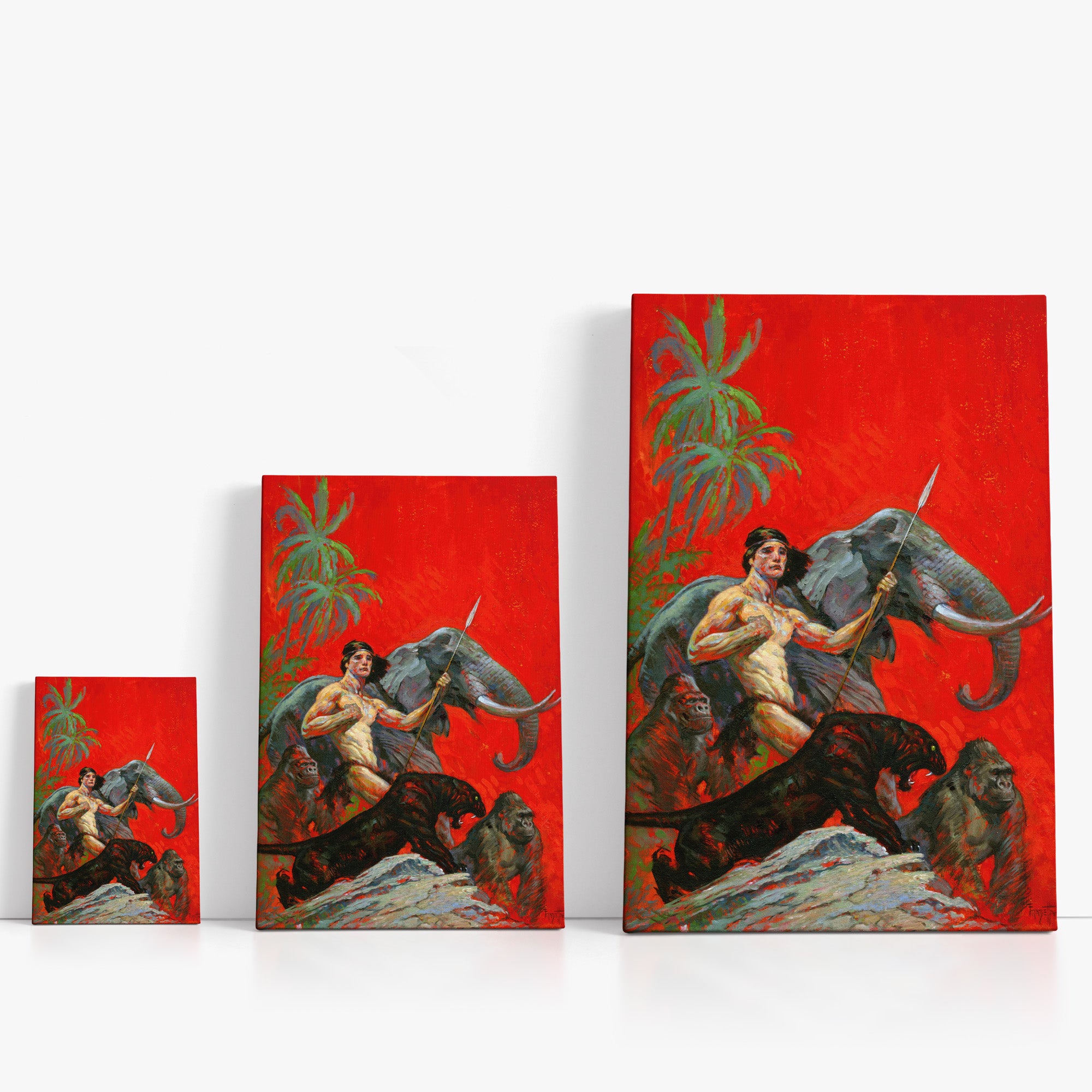Three wrap-around canvas prints of Frazetta’s Jungle Beasts in different sizes, showcasing the artwork with mirror-wrapped edges for a seamless, dimensional look.