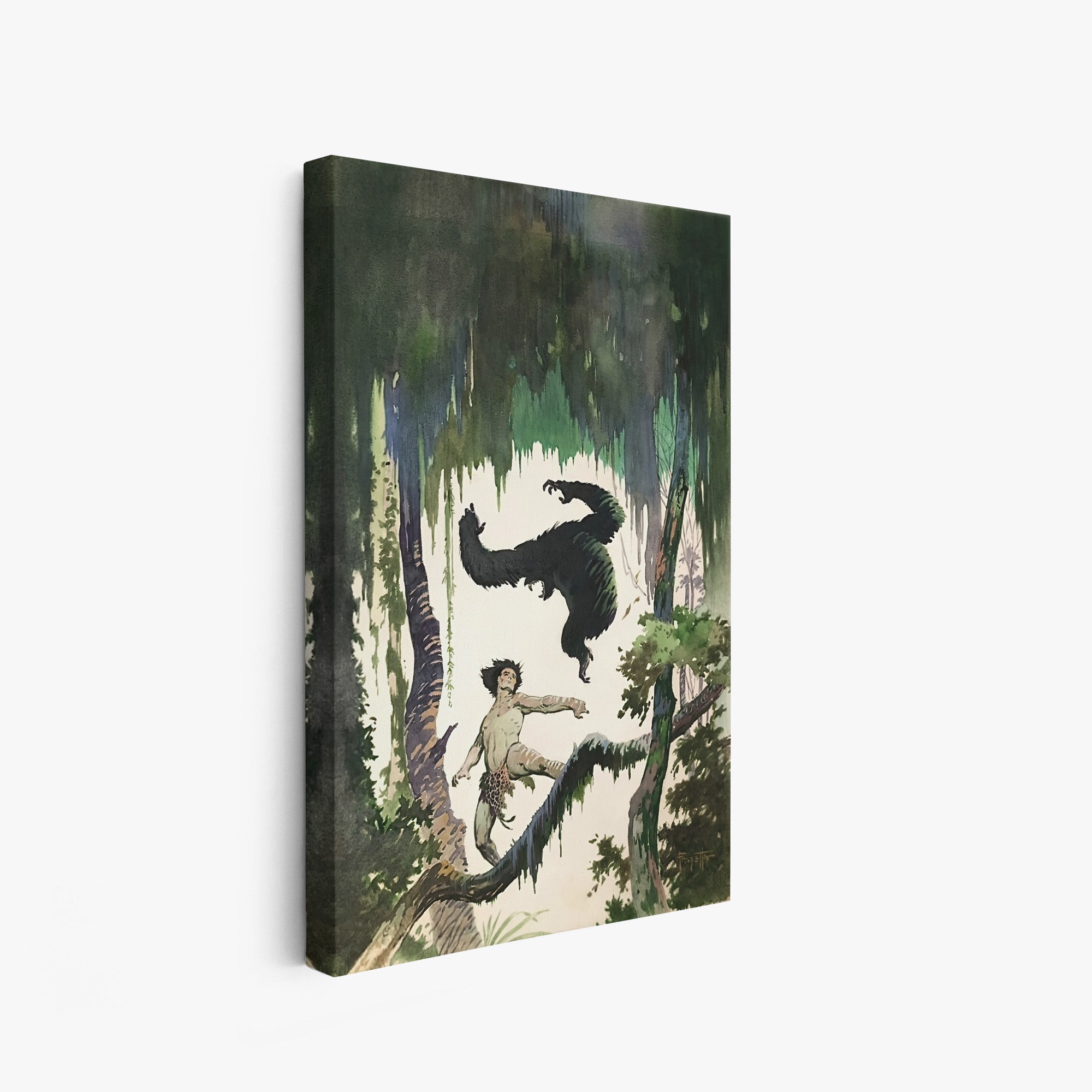 A canvas print of Frazetta’s Jungle Tales hung on a white wall, showcasing the artwork with mirror-wrapped edges for a seamless, dimensional look.