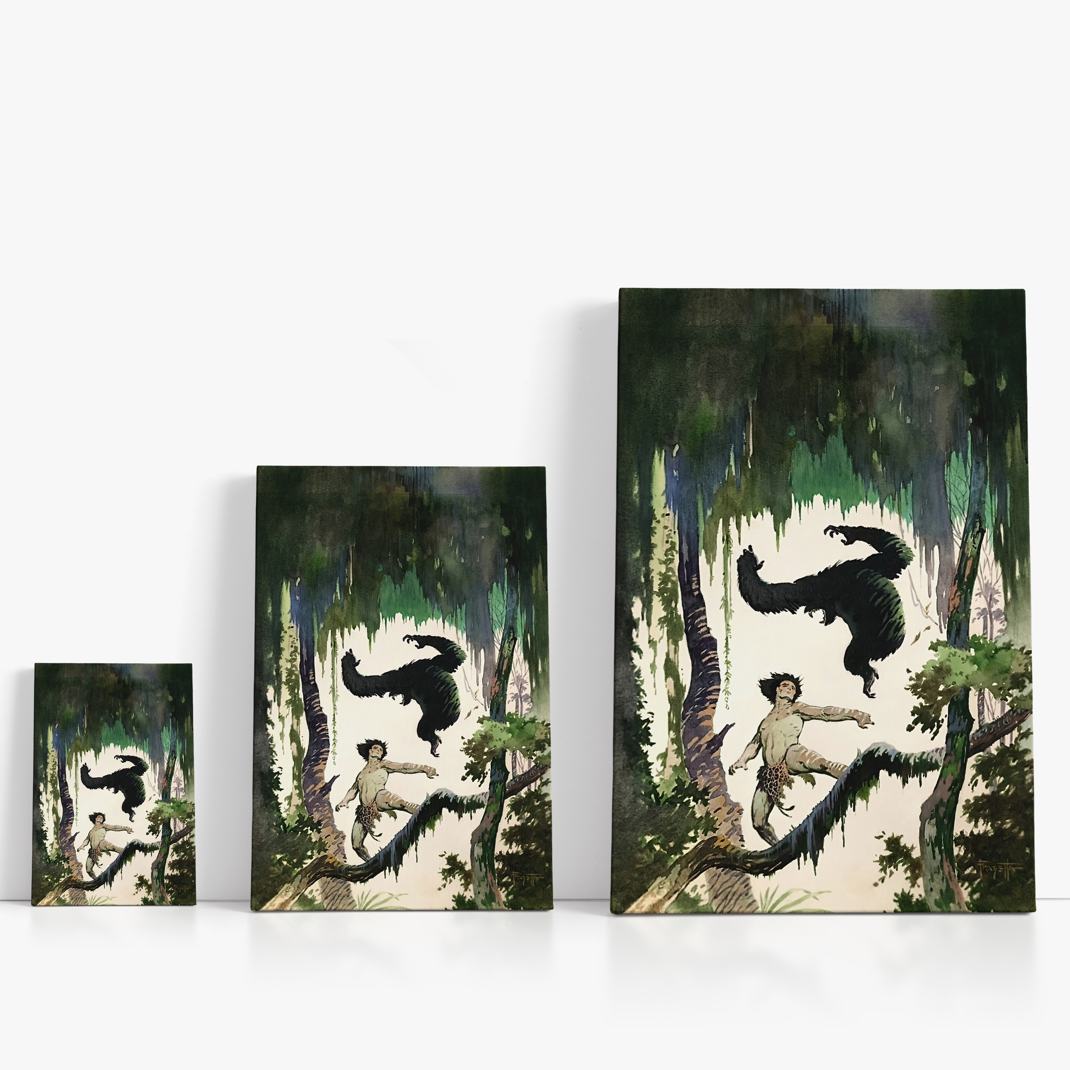 Three wrap-around canvas prints of Frazetta’s Jungle Tales in different sizes, showcasing the artwork with mirror-wrapped edges for a seamless, dimensional look.