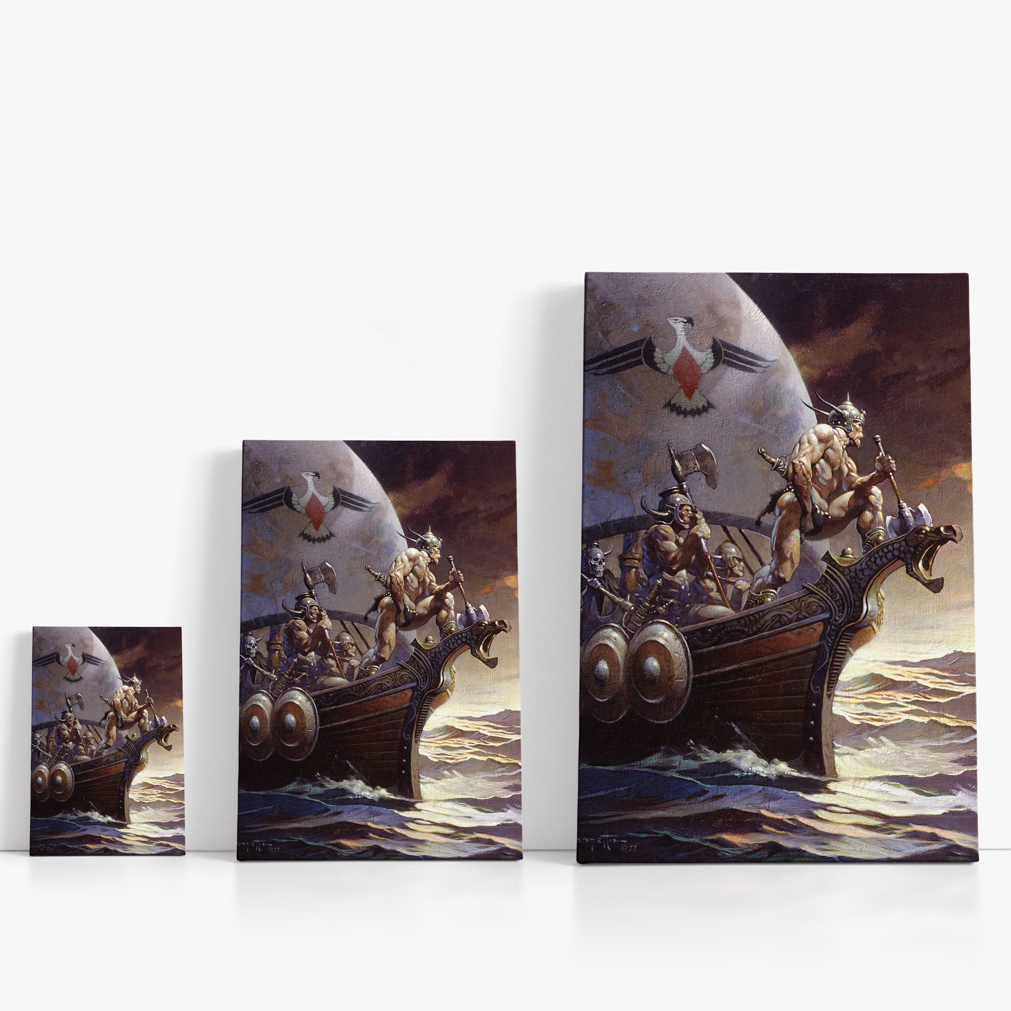 Three wrap-around canvas prints of Frazetta’s Kane on the Golden Sea in different sizes, showcasing the artwork with mirror-wrapped edges for a seamless, dimensional look.