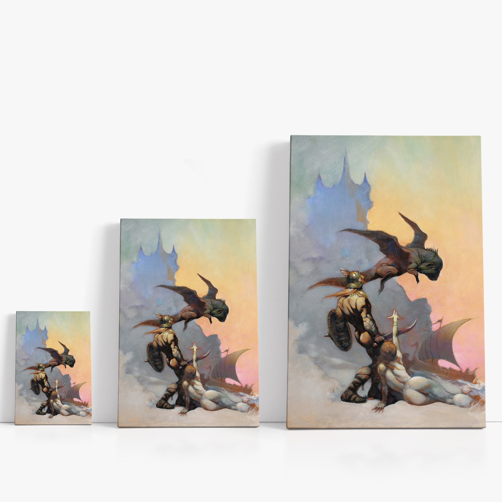 Three wrap-around canvas prints of Frazetta’s Kavin&