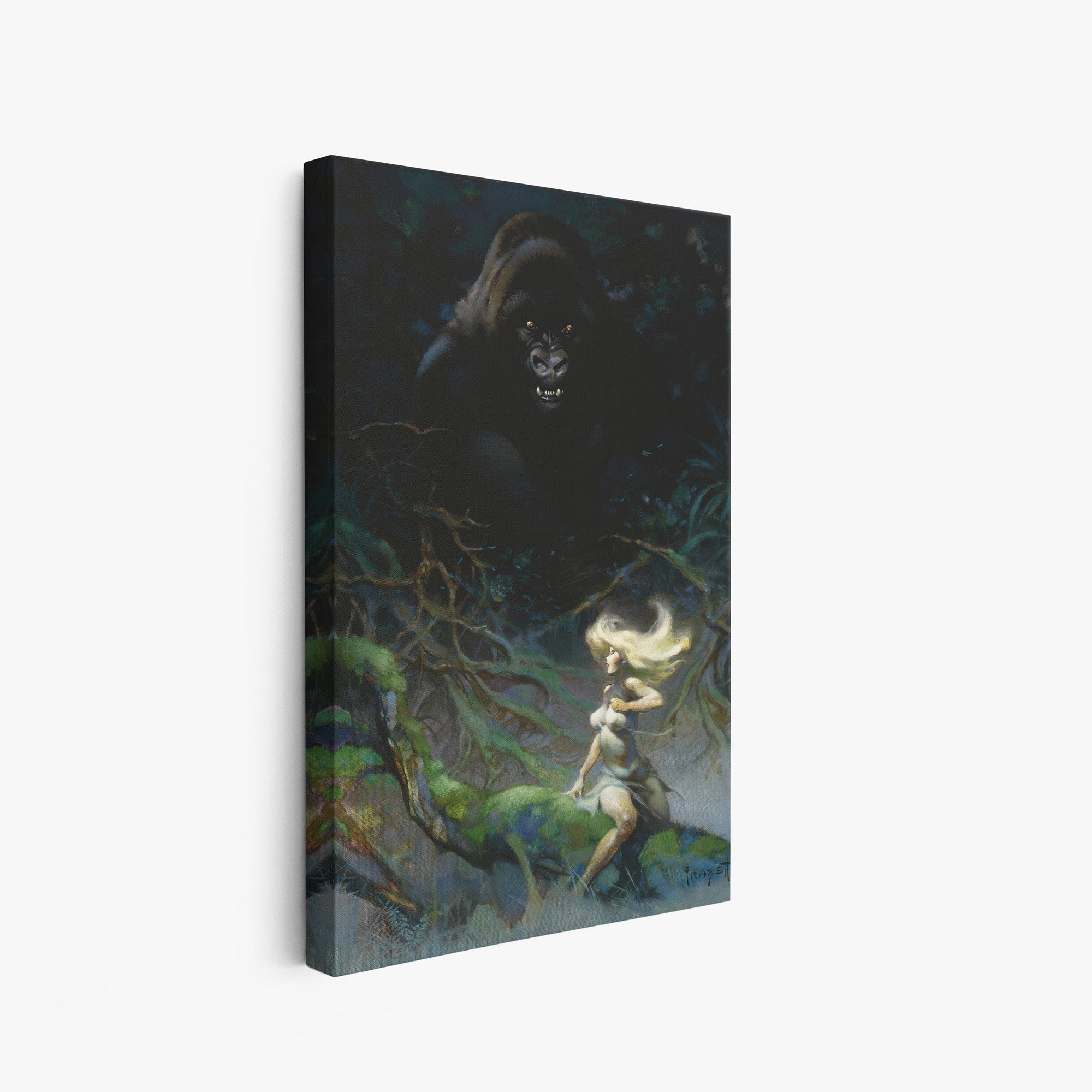 A canvas print of Frazetta’s King Kong hung on a white wall, showcasing the artwork with mirror-wrapped edges for a seamless, dimensional look.