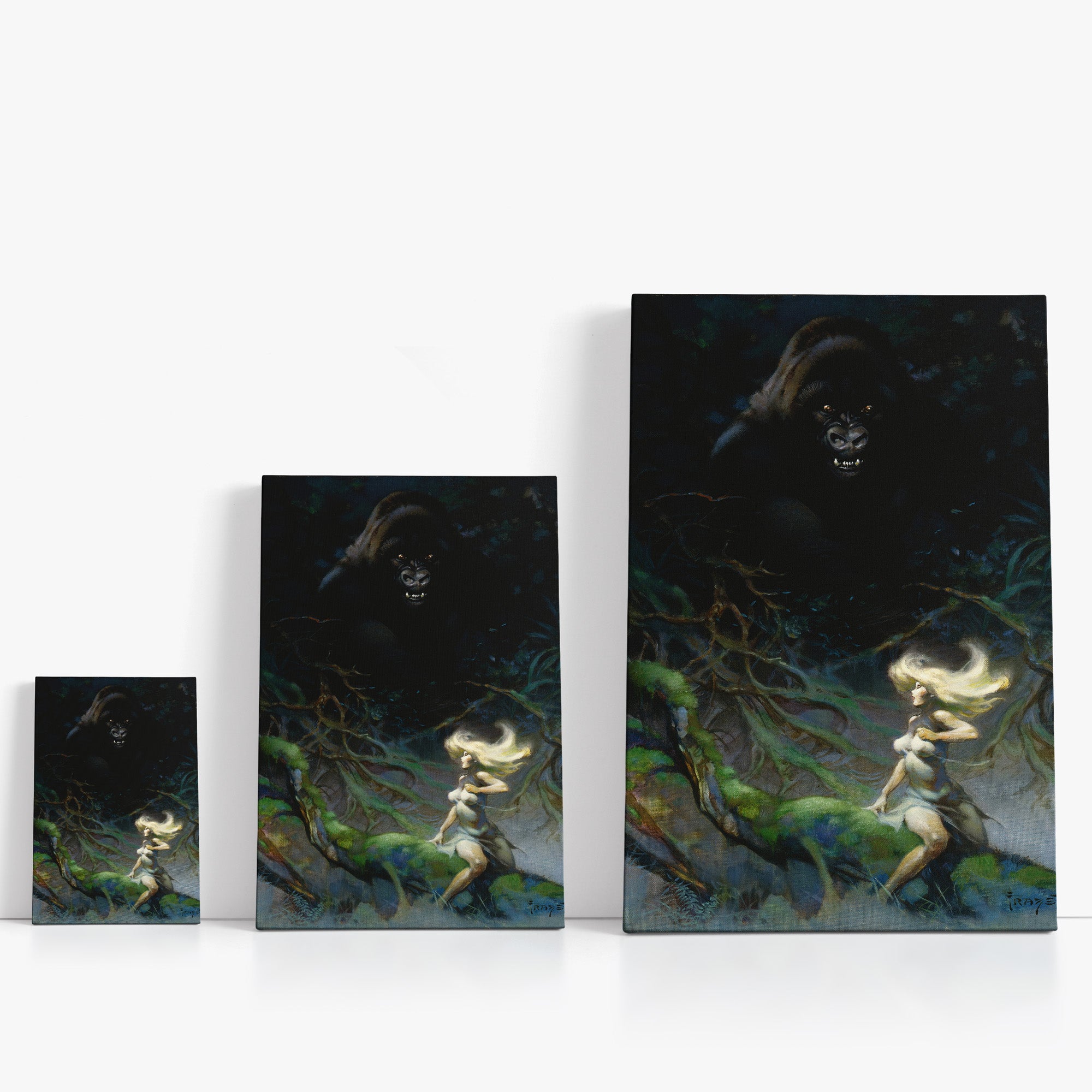 Three wrap-around canvas prints of Frazetta’s King Kong in different sizes, showcasing the artwork with mirror-wrapped edges for a seamless, dimensional look.