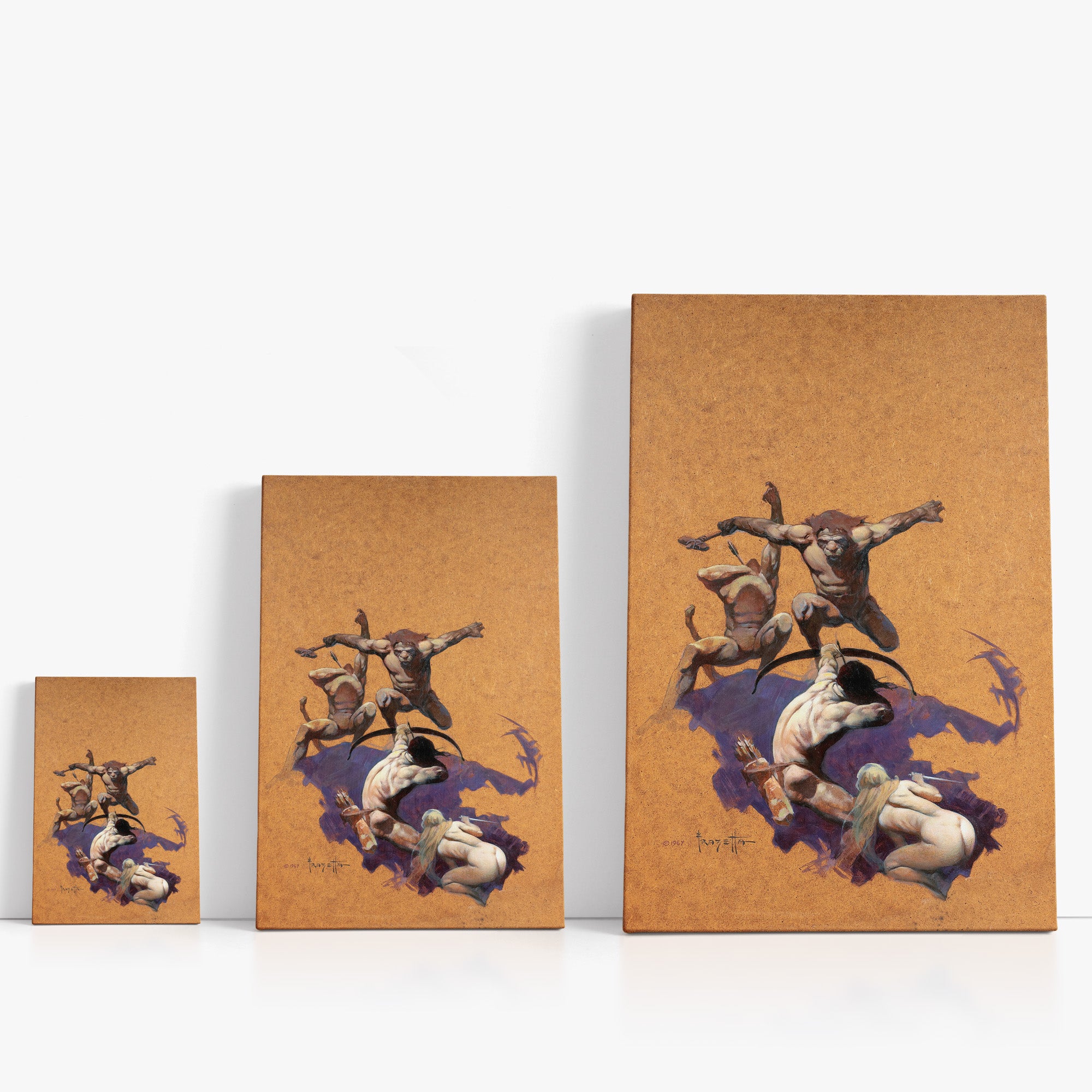 Three wrap-around canvas prints of Frazetta’s Land of Terror in different sizes, showcasing the artwork with mirror-wrapped edges for a seamless, dimensional look.