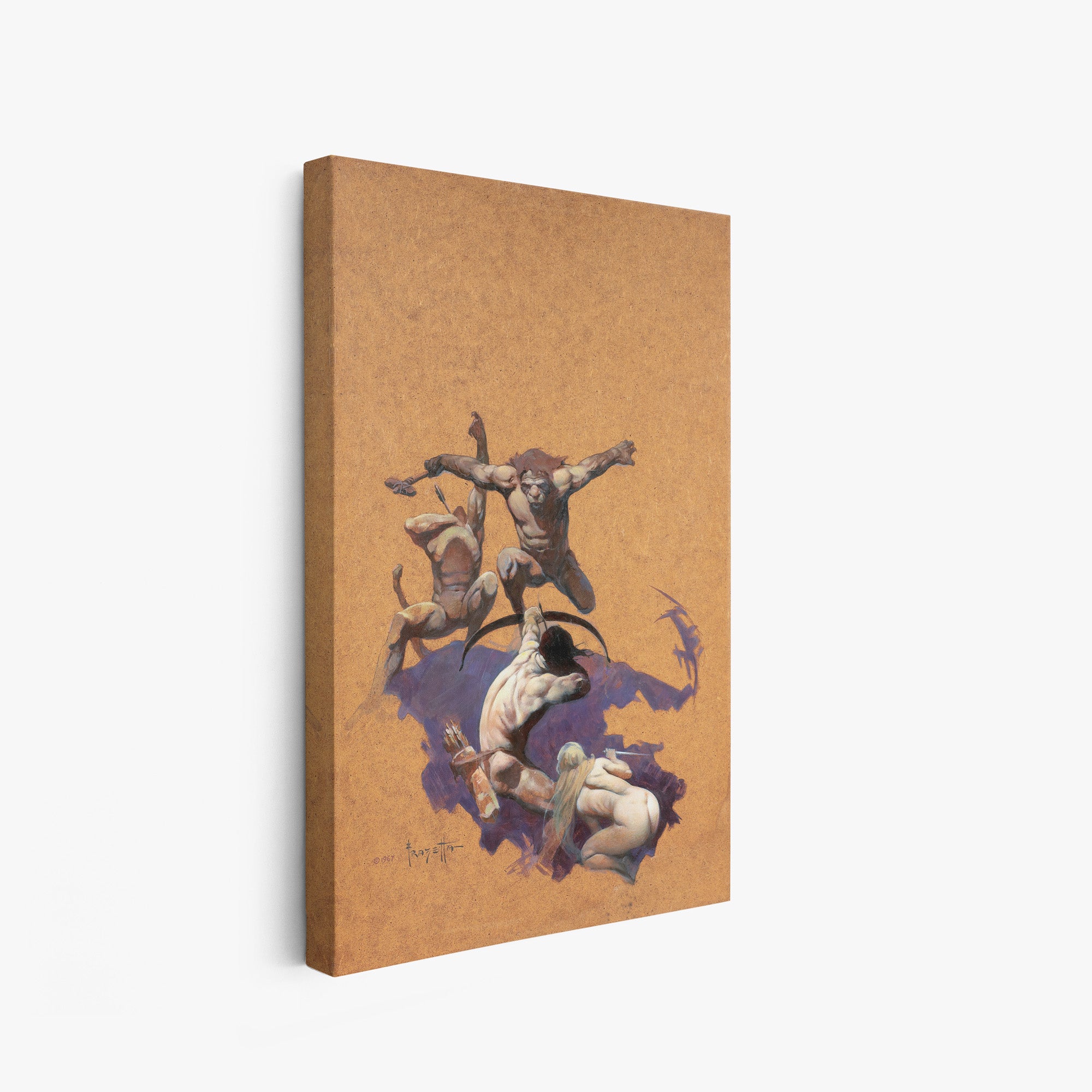 A canvas print of Frazetta’s Land of Terror hung on a white wall, showcasing the artwork with mirror-wrapped edges for a seamless, dimensional look.