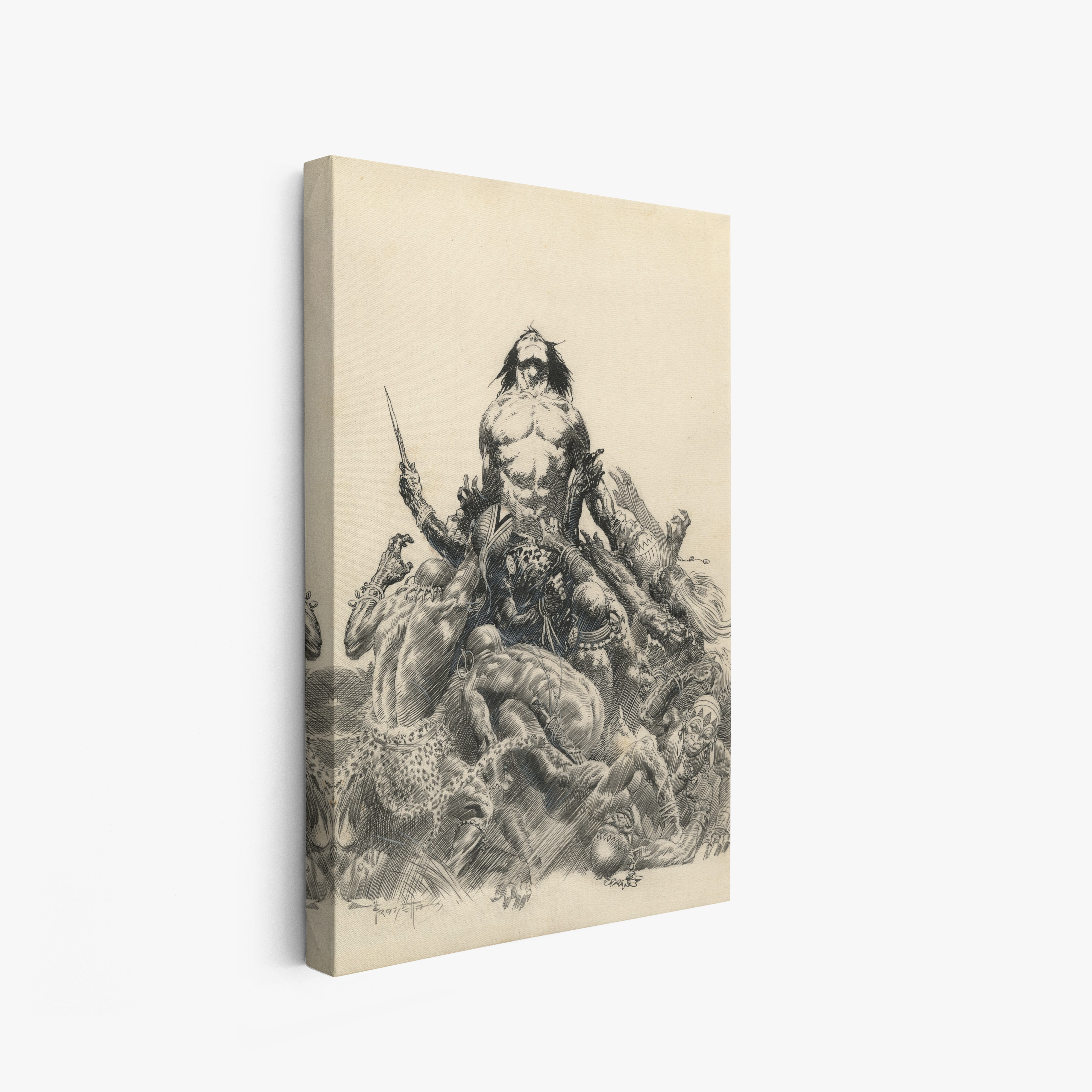 A canvas print of Frazetta’s Lord of the Savage Jungle hung on a white wall, showcasing the artwork with mirror-wrapped edges for a seamless, dimensional look.