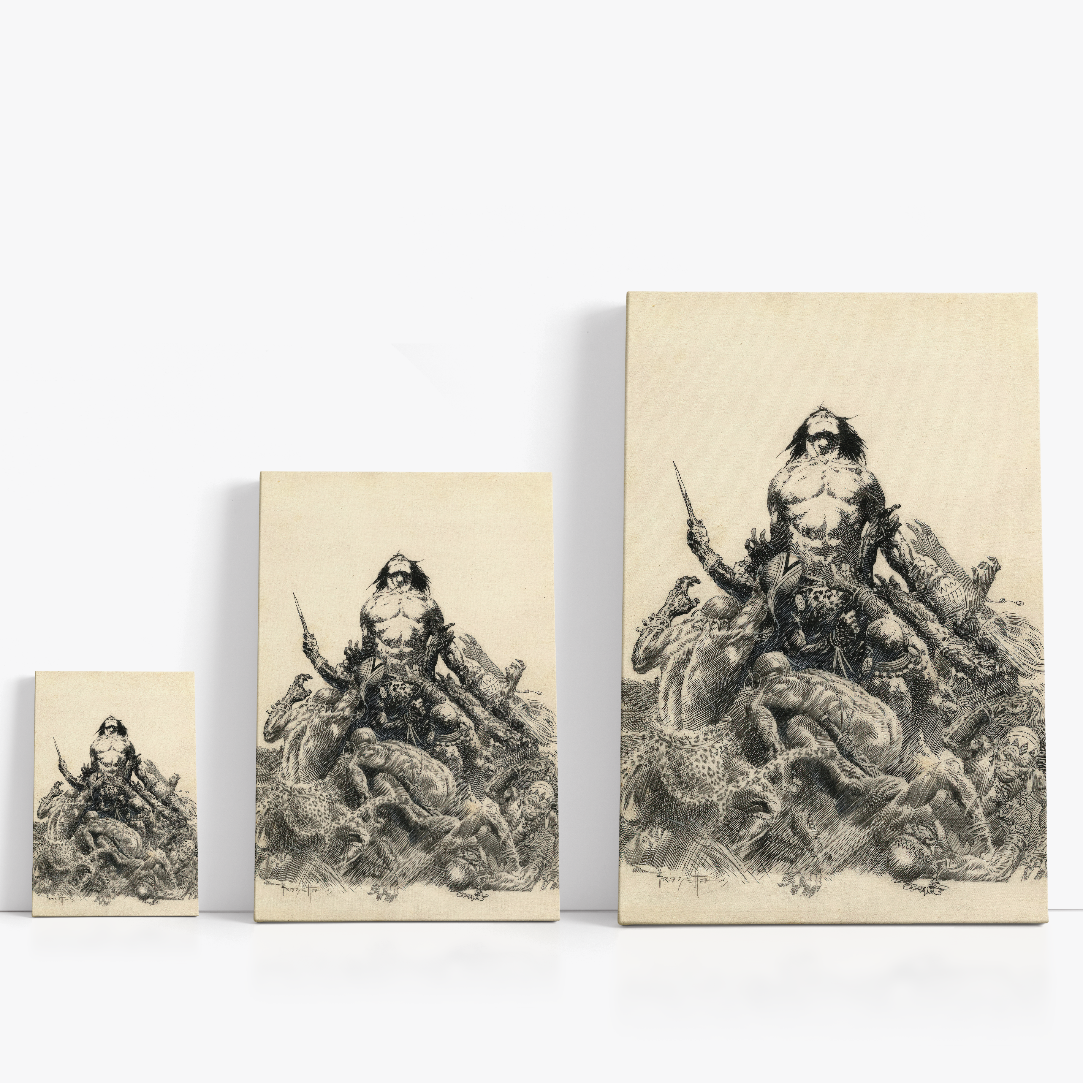 Three wrap-around canvas prints of Frazetta’s Lord of the Savage Jungle in different sizes, showcasing the artwork with mirror-wrapped edges for a seamless, dimensional look.