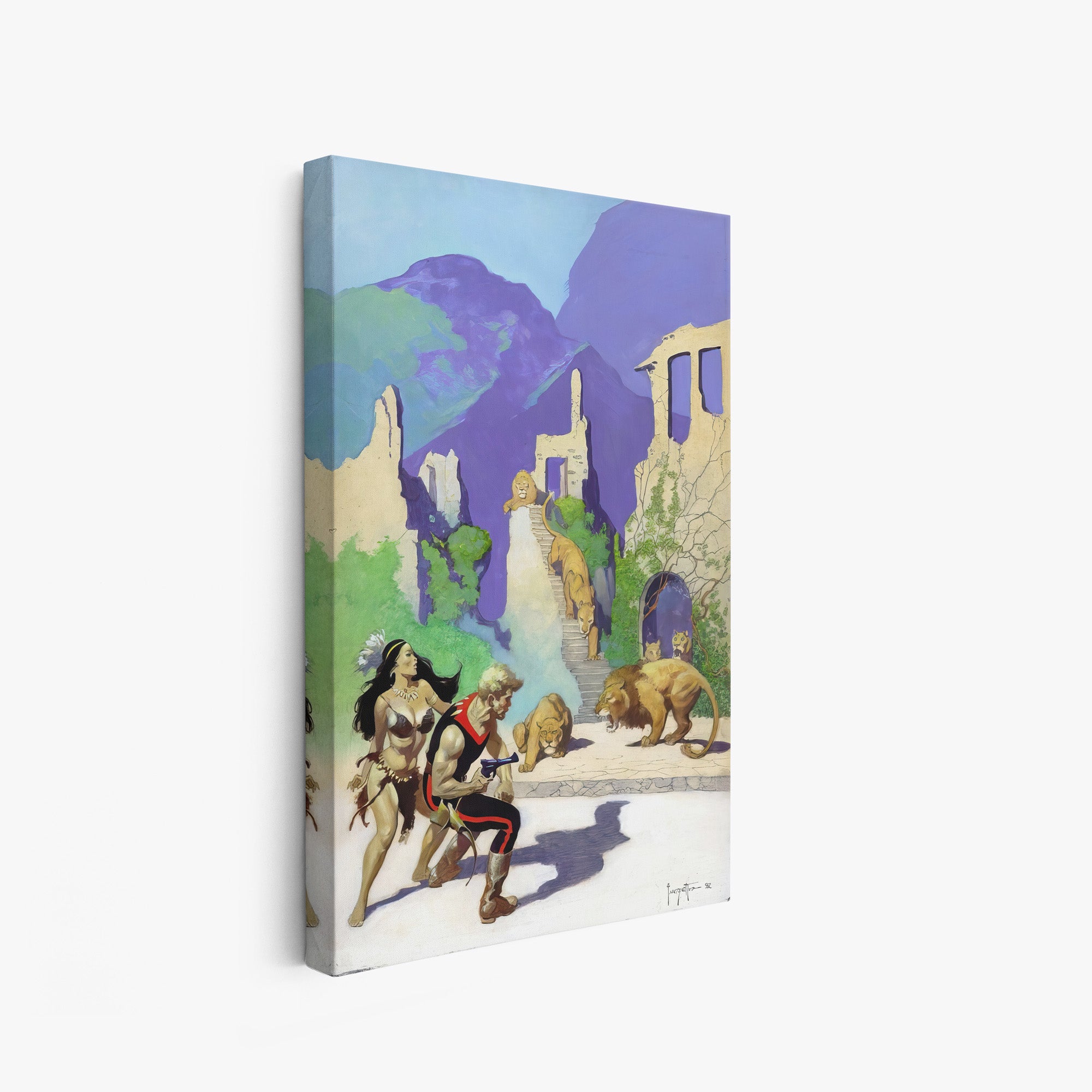 A canvas print of Frazetta’s Lost Continent Revised hung on a white wall, showcasing the artwork with mirror-wrapped edges for a seamless, dimensional look.