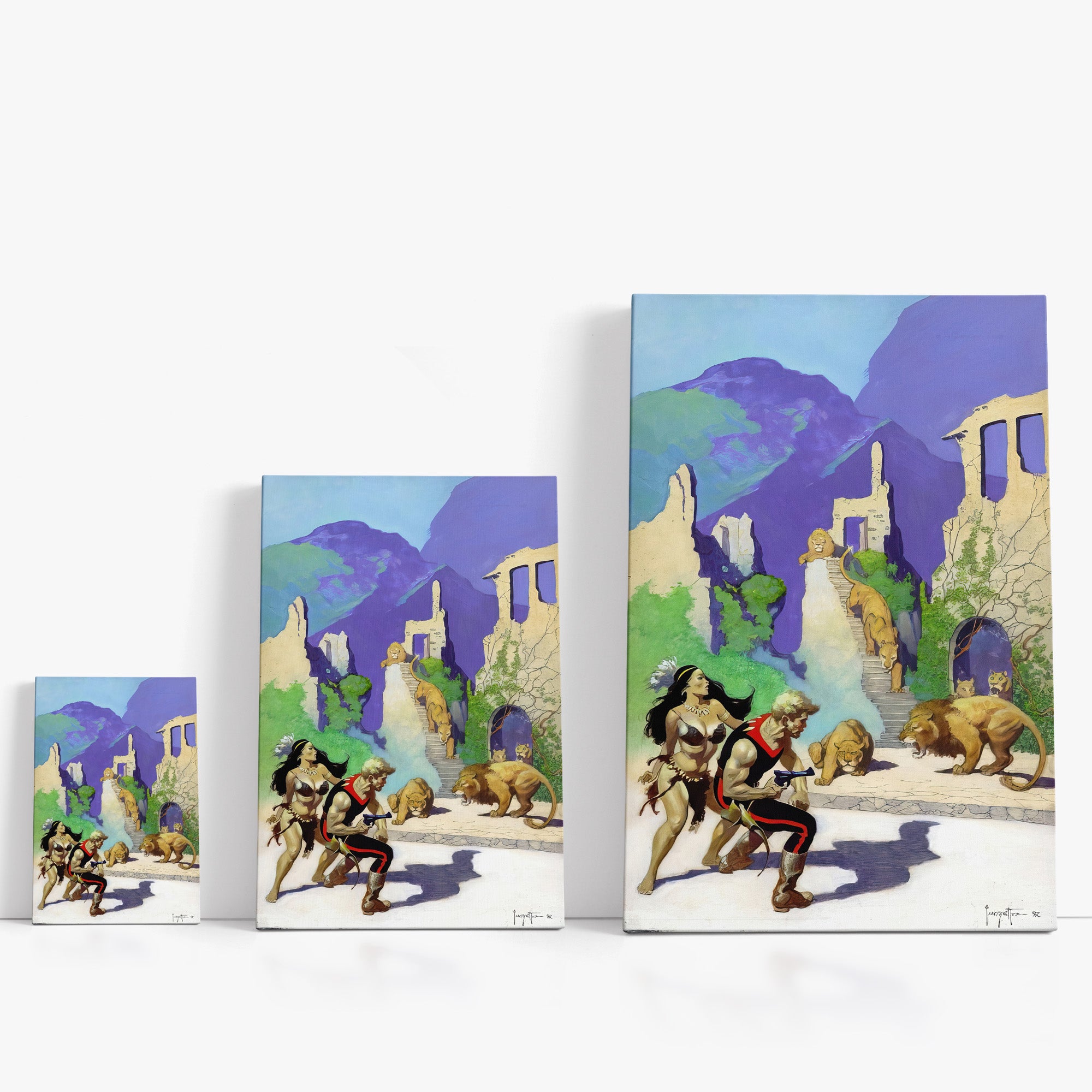 Three wrap-around canvas prints of Frazetta’s Lost Continent Revised in different sizes, showcasing the artwork with mirror-wrapped edges for a seamless, dimensional look.