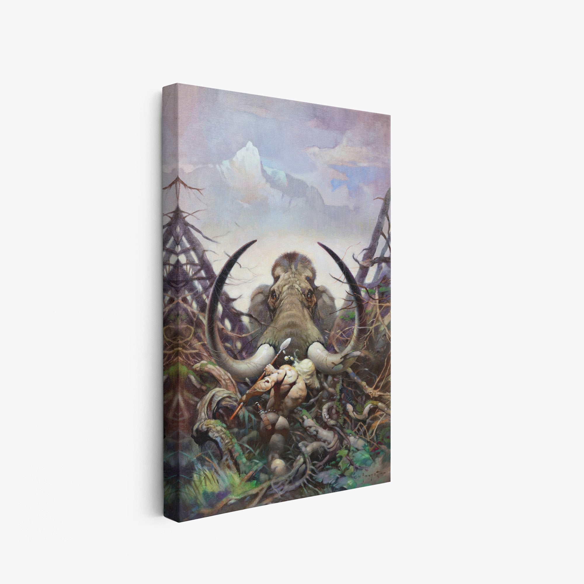 A canvas print of Frazetta’s Mammoth hung on a white wall, showcasing the artwork with mirror-wrapped edges for a seamless, dimensional look.