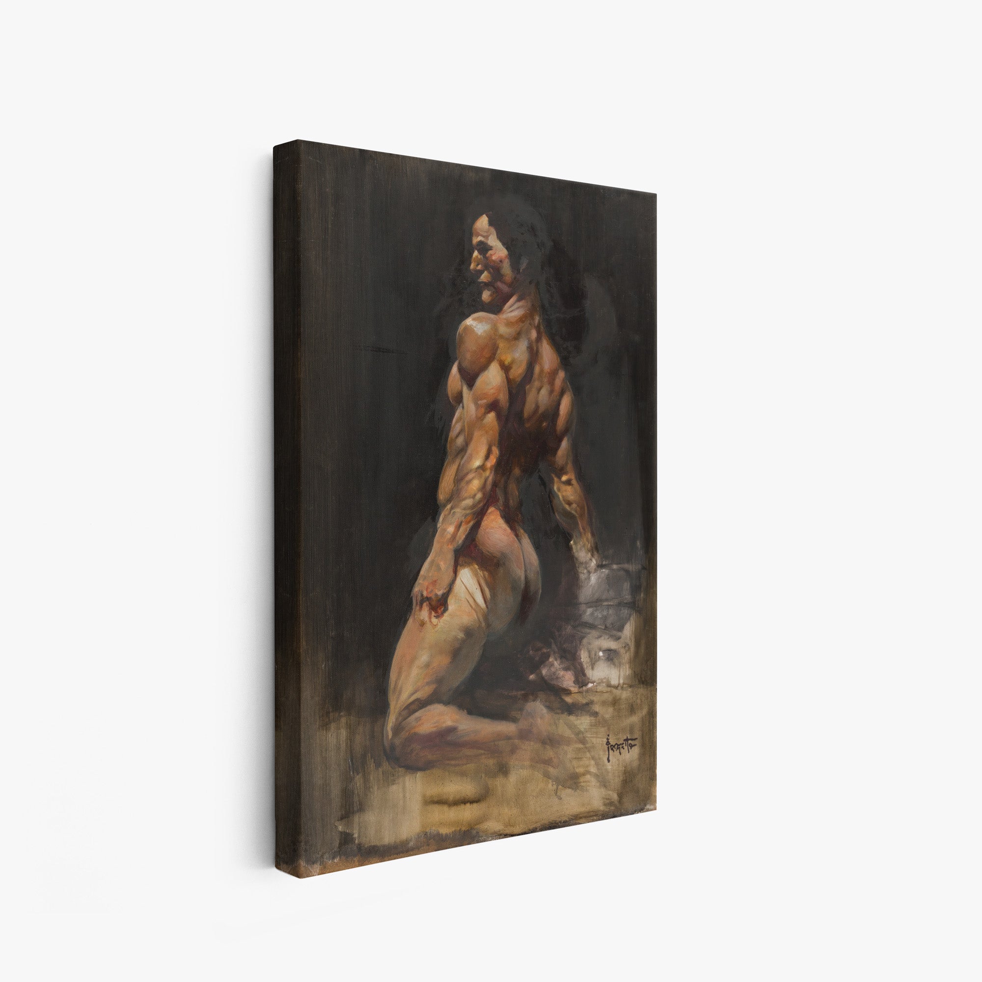 A canvas print of Frazetta’s Man Kneeling hung on a white wall, showcasing the artwork with mirror-wrapped edges for a seamless, dimensional look.