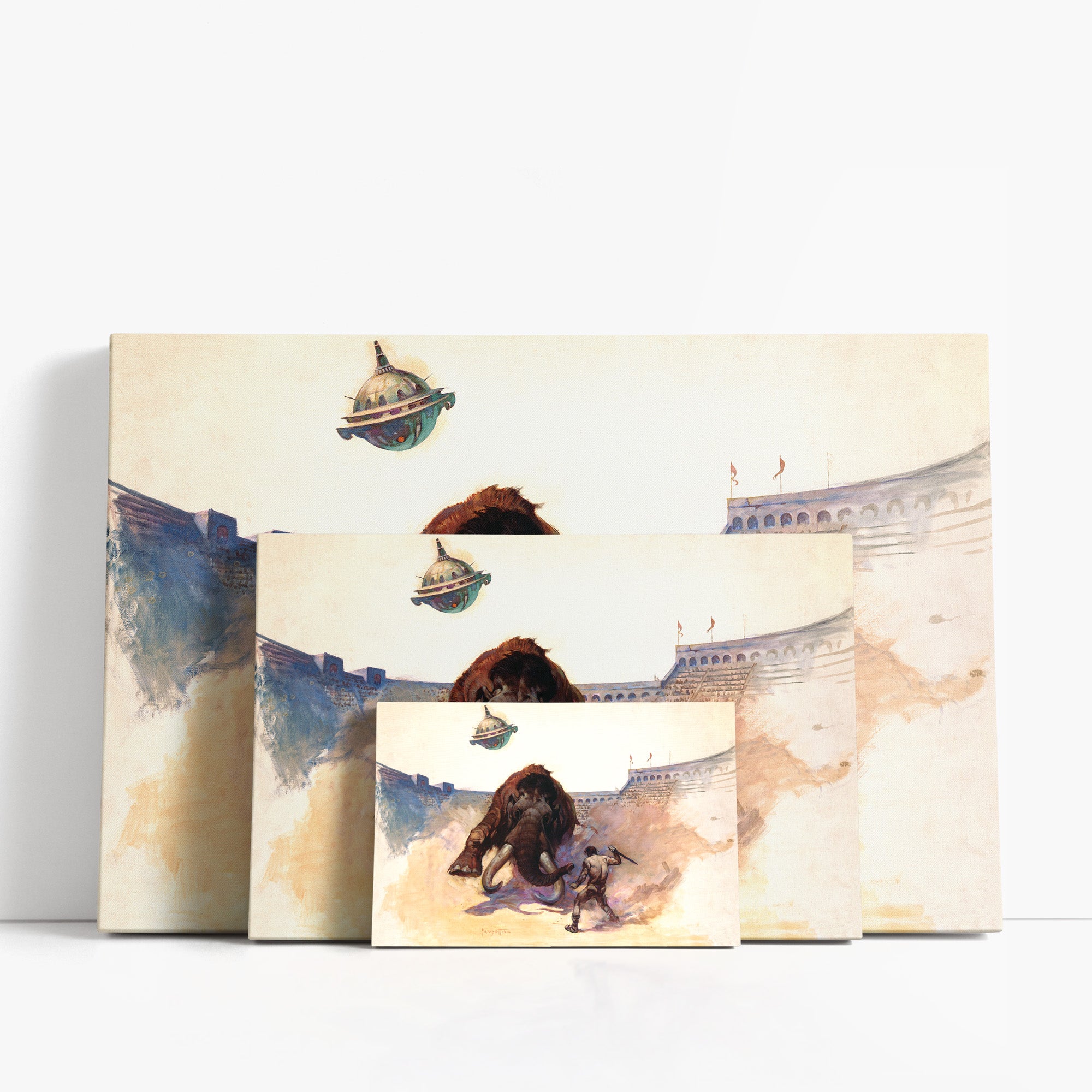 Three wrap-around canvas prints of Frazetta’s Mastodon in different sizes, showcasing the artwork with mirror-wrapped edges for a seamless, dimensional look.