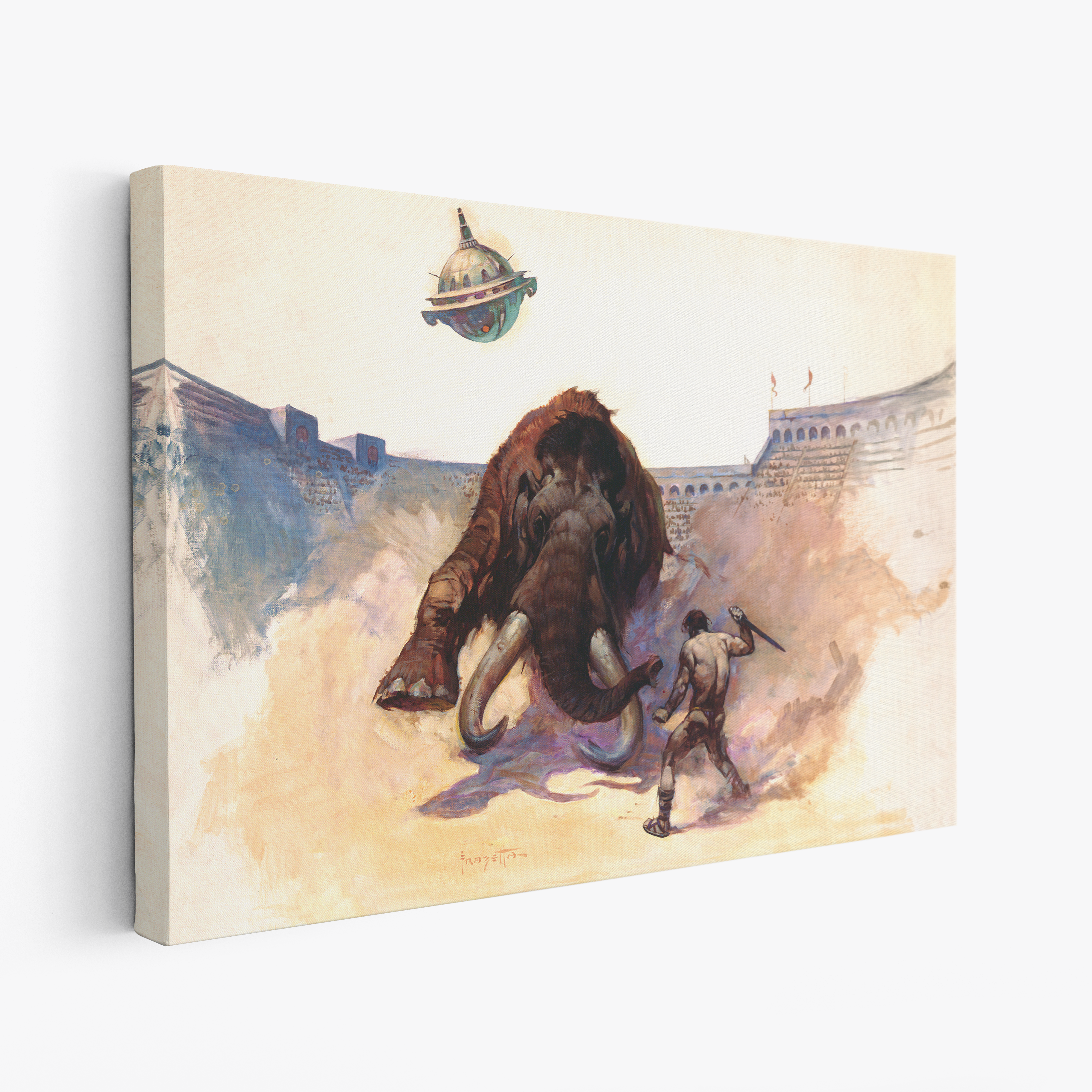 A canvas print of Frazetta’s Mastodon hung on a white wall, showcasing the artwork with mirror-wrapped edges for a seamless, dimensional look.