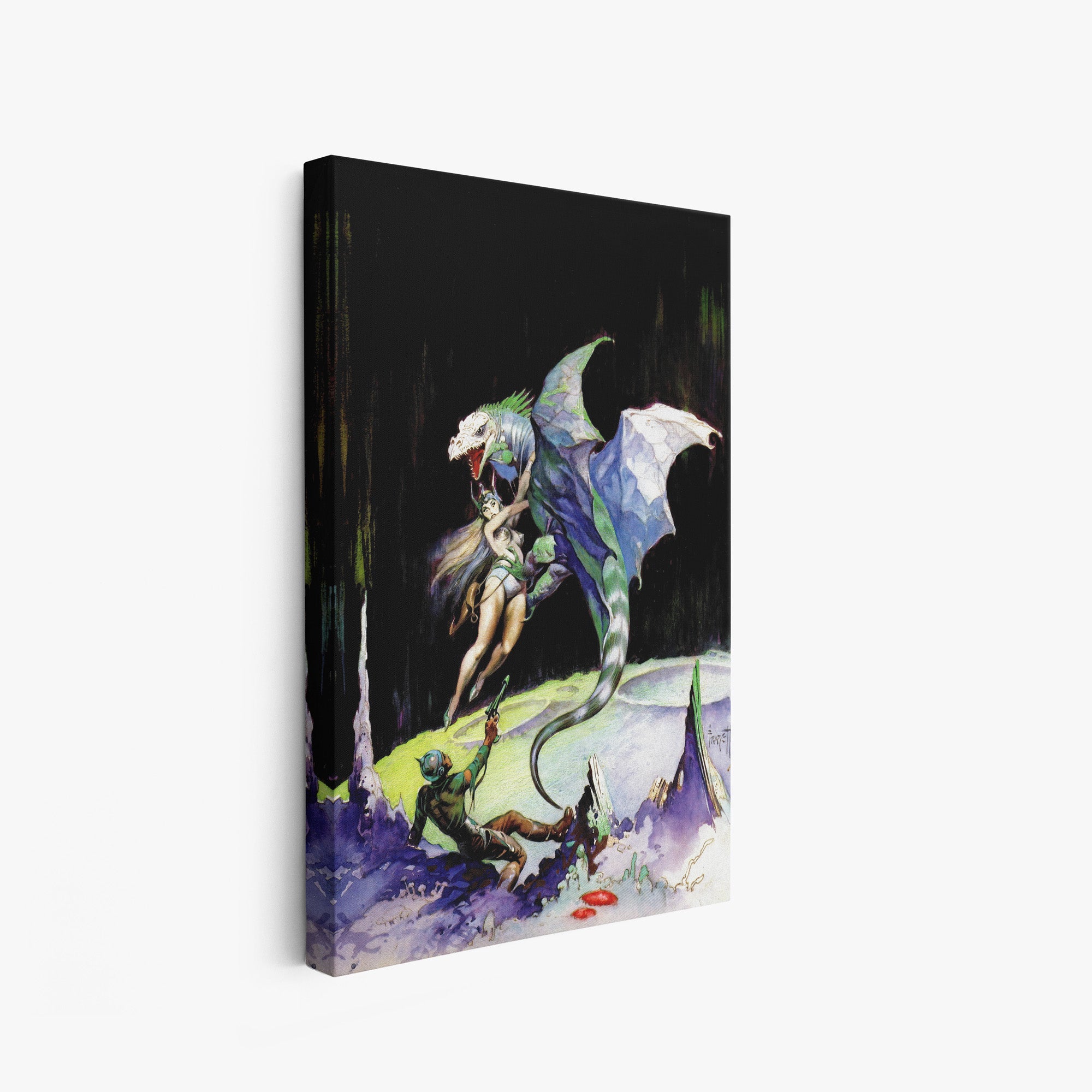 A canvas print of Frazetta’s Maza of the Moon hung on a white wall, showcasing the artwork with mirror-wrapped edges for a seamless, dimensional look.