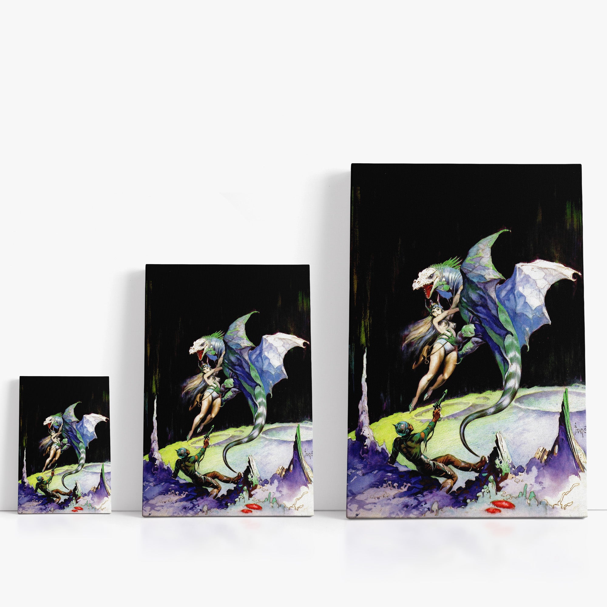 Three wrap-around canvas prints of Frazetta’s Maza of the Moon in different sizes, showcasing the artwork with mirror-wrapped edges for a seamless, dimensional look.