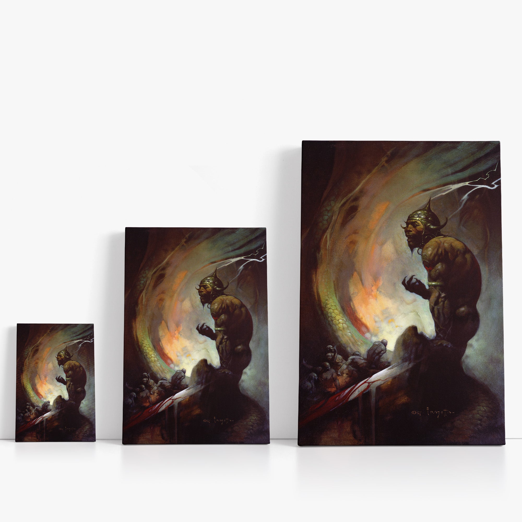 Three wrap-around canvas prints of Frazetta’s Mongol Tyrant in different sizes, showcasing the artwork with mirror-wrapped edges for a seamless, dimensional look.