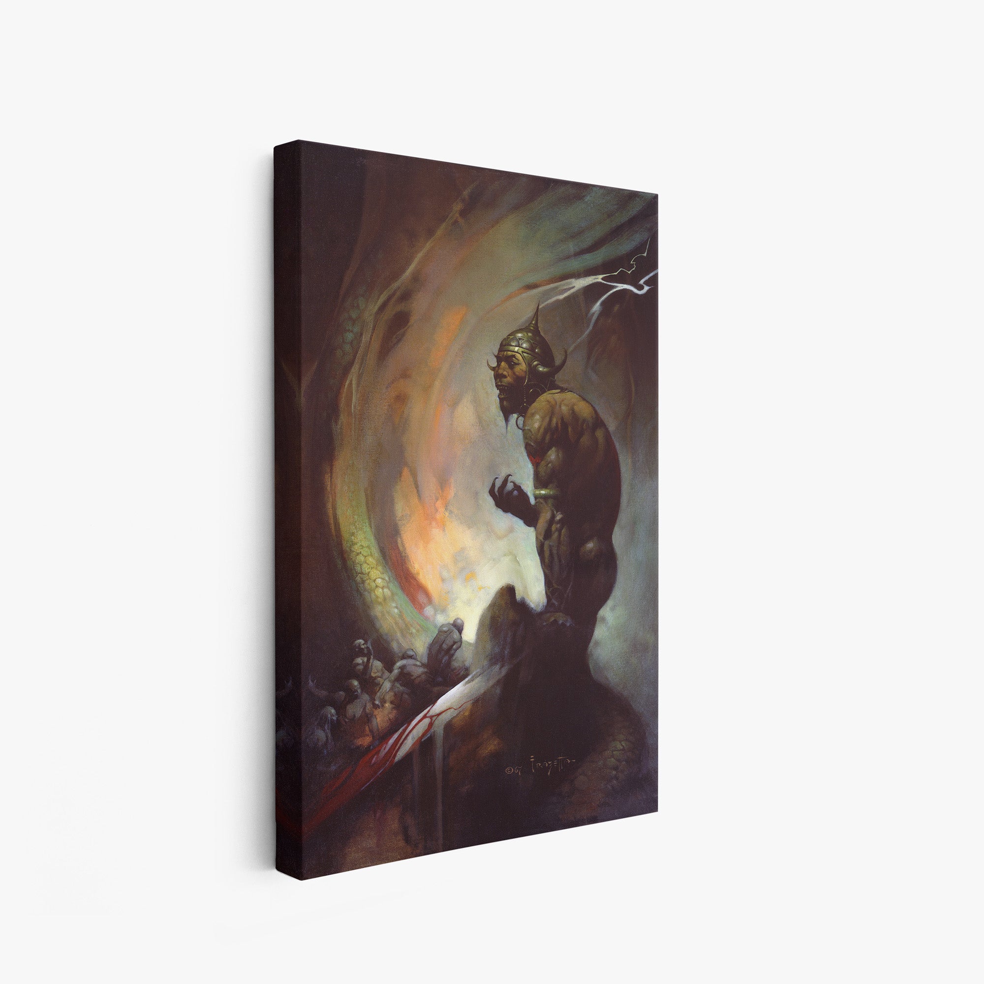 A canvas print of Frazetta’s Mongol Tyrant hung on a white wall, showcasing the artwork with mirror-wrapped edges for a seamless, dimensional look.