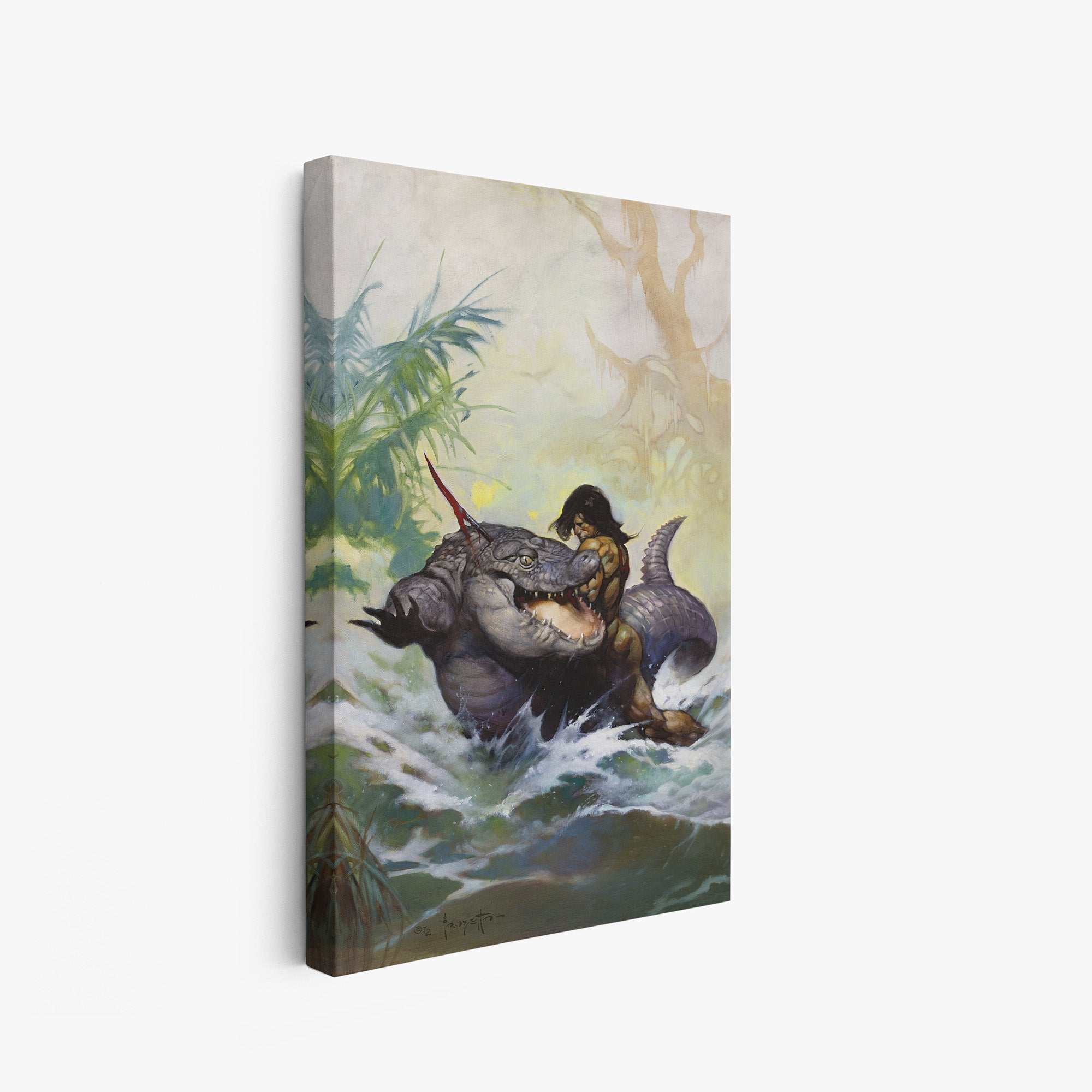 A canvas print of Frazetta’s Monster Out of Time hung on a white wall, showcasing the artwork with mirror-wrapped edges for a seamless, dimensional look.