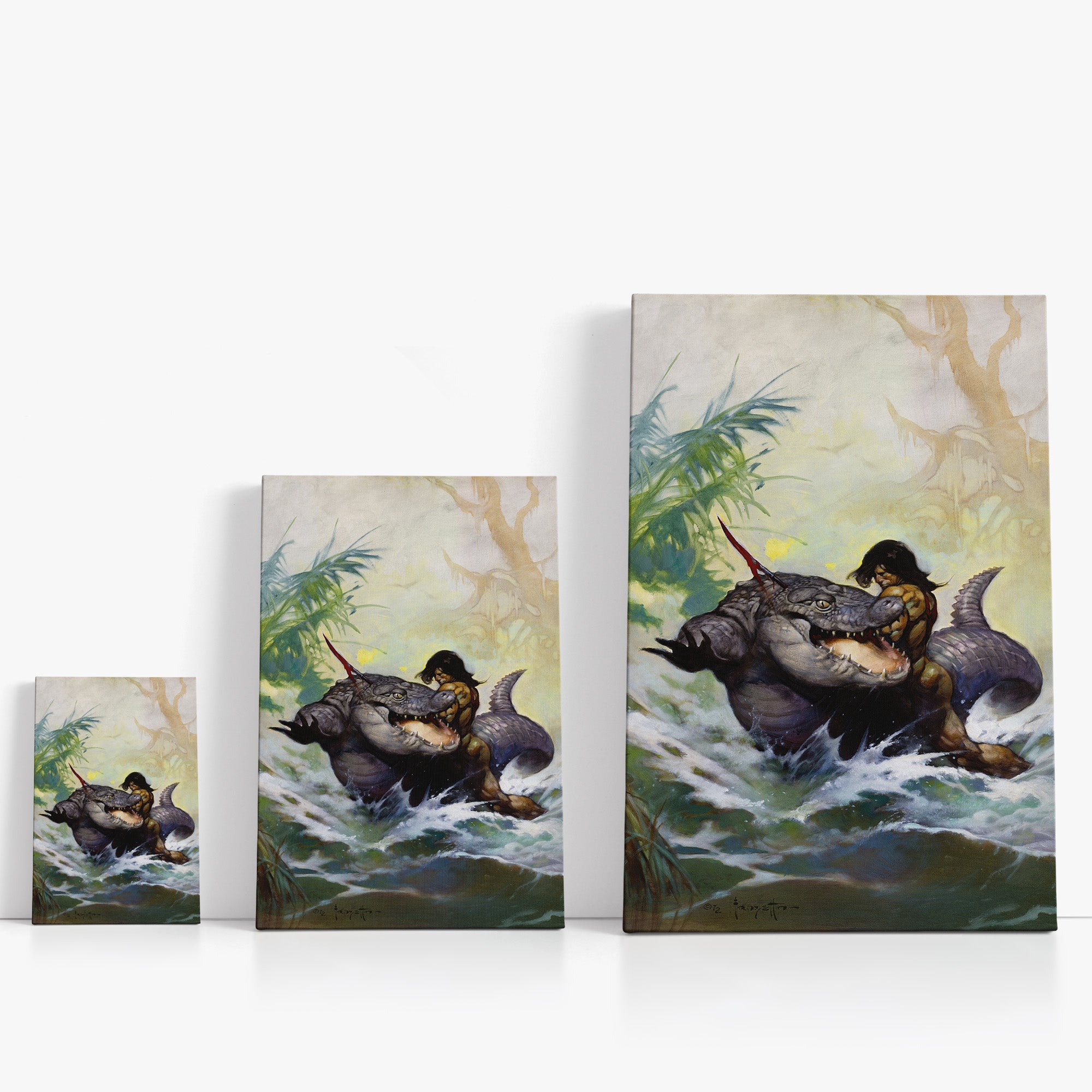 Three wrap-around canvas prints of Frazetta’s Monster Out of time in different sizes, showcasing the artwork with mirror-wrapped edges for a seamless, dimensional look.
