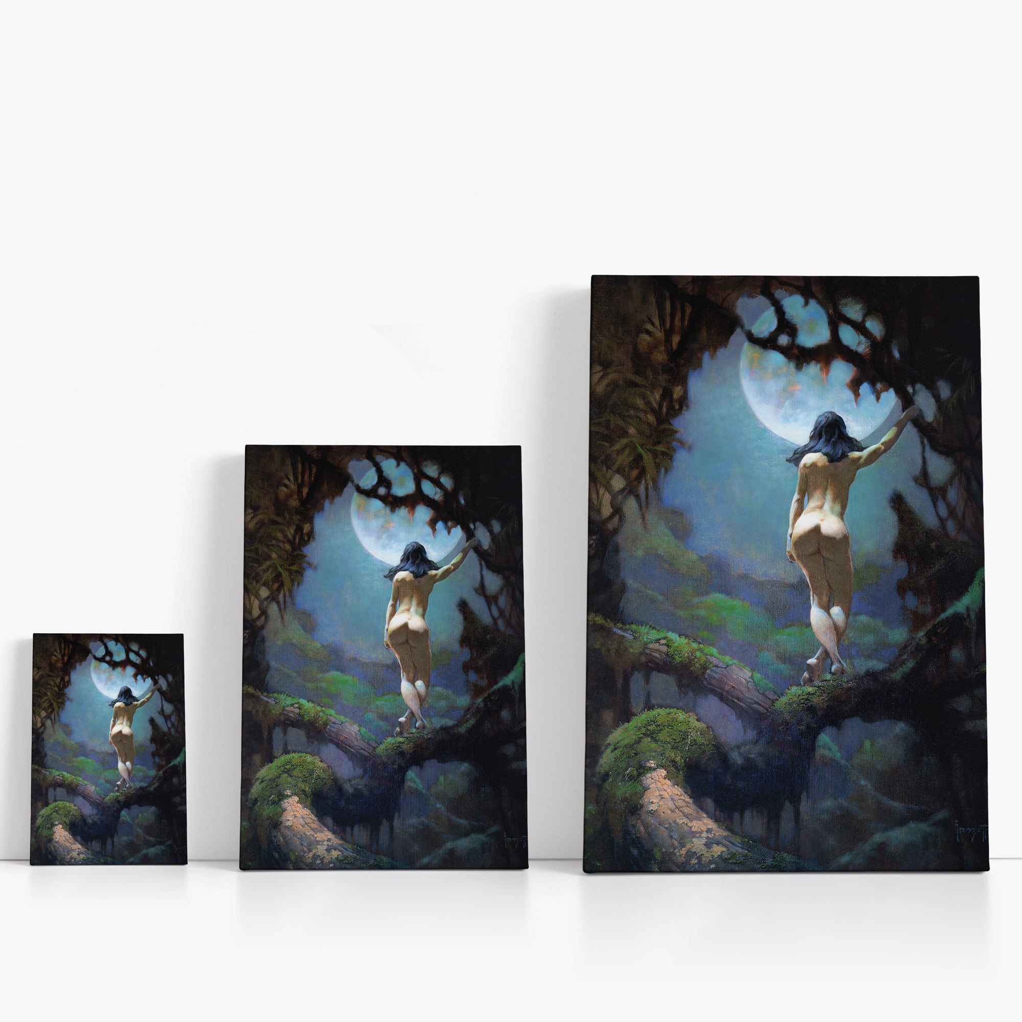 Three wrap-around canvas prints of Frazetta’s Atlantis in different sizes, showcasing the artwork with mirror-wrapped edges for a seamless, dimensional look.