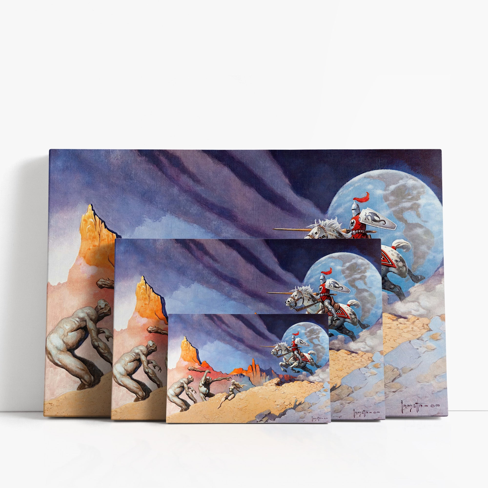 Three wrap-around canvas prints of Frazetta’s Moonrider in different sizes, showcasing the artwork with mirror-wrapped edges for a seamless, dimensional look.