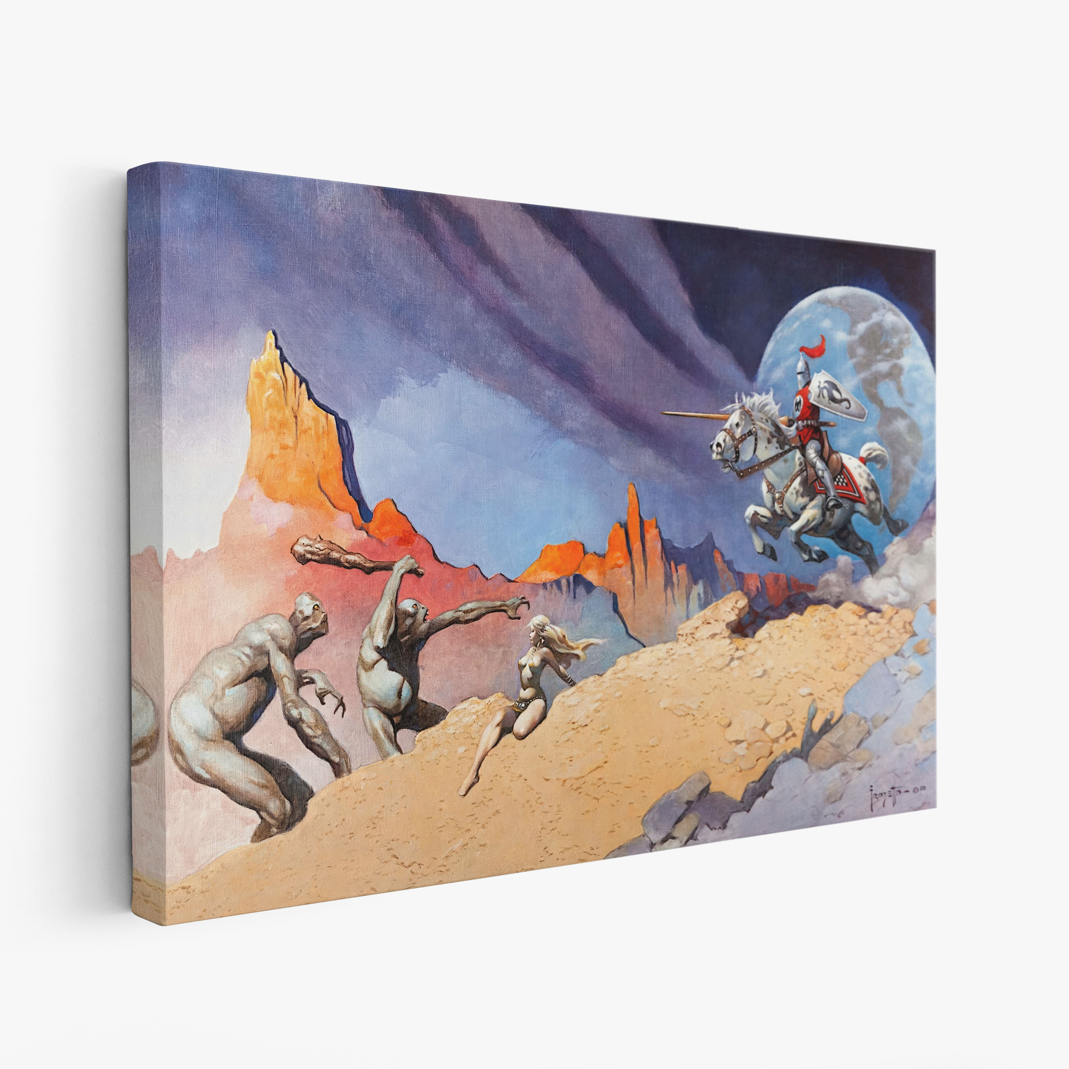 A canvas print of Frazetta’s Moonrider hung on a white wall, showcasing the artwork with mirror-wrapped edges for a seamless, dimensional look.