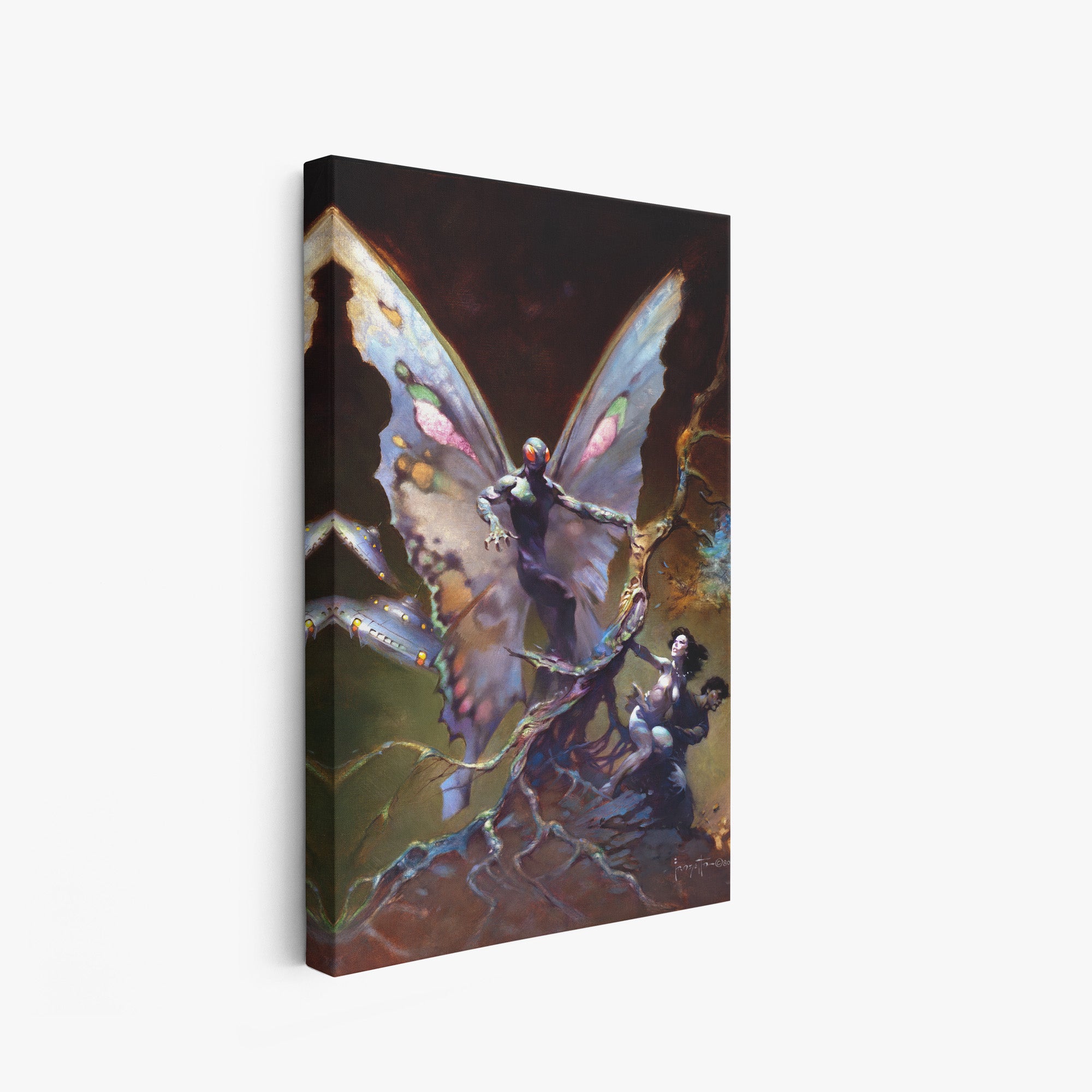 A canvas print of Frazetta’s Mothman hung on a white wall, showcasing the artwork with mirror-wrapped edges for a seamless, dimensional look.