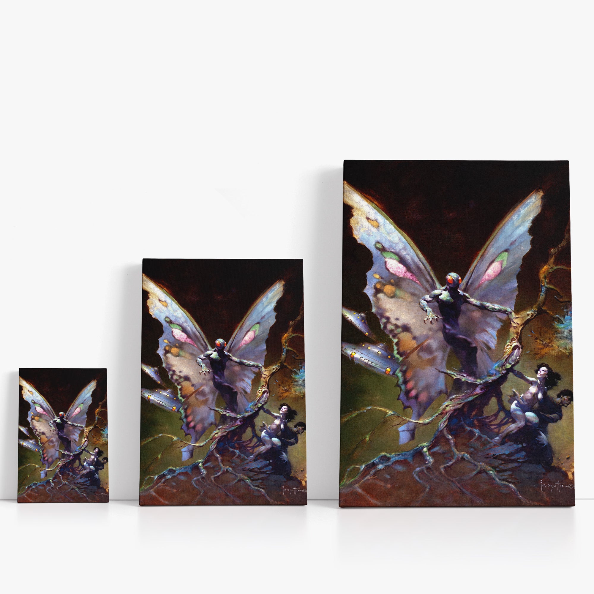 Three wrap-around canvas prints of Frazetta’s Mothman in different sizes, showcasing the artwork with mirror-wrapped edges for a seamless, dimensional look.