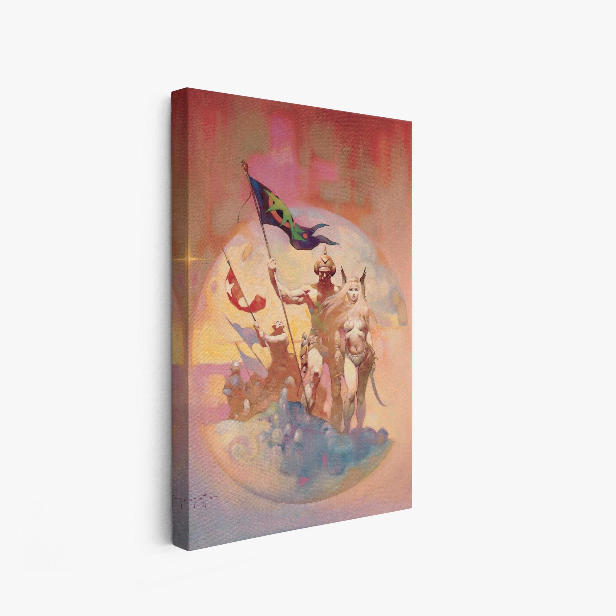 A canvas print of Frazetta’s New World hung on a white wall, showcasing the artwork with mirror-wrapped edges for a seamless, dimensional look.
