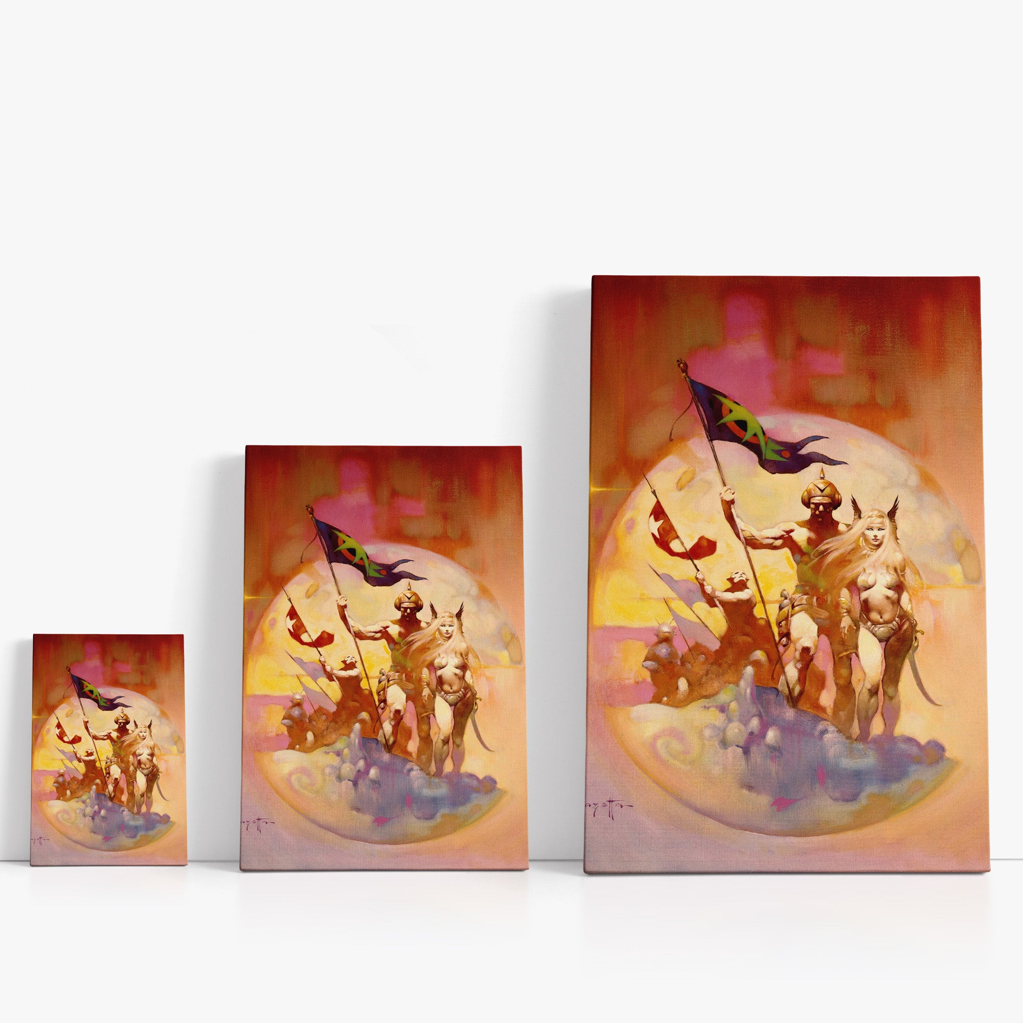 Three wrap-around canvas prints of Frazetta’s New World in different sizes, showcasing the artwork with mirror-wrapped edges for a seamless, dimensional look.