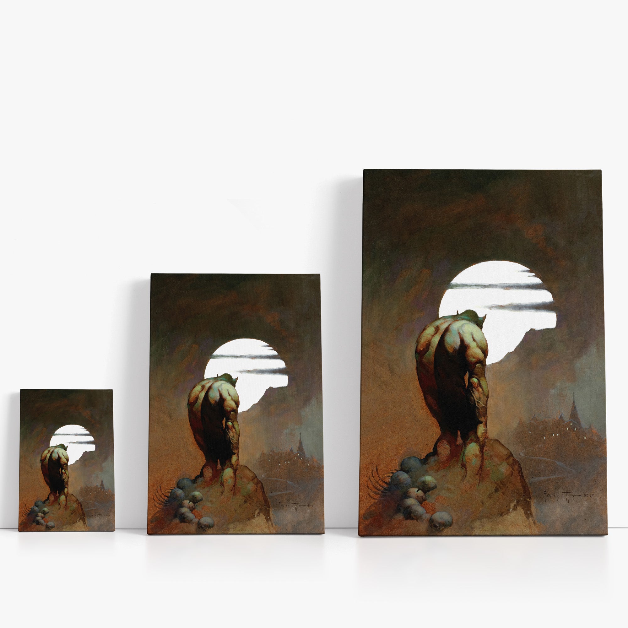 Three wrap-around canvas prints of Frazetta’s Night Stalker in different sizes, showcasing the artwork with mirror-wrapped edges for a seamless, dimensional look.