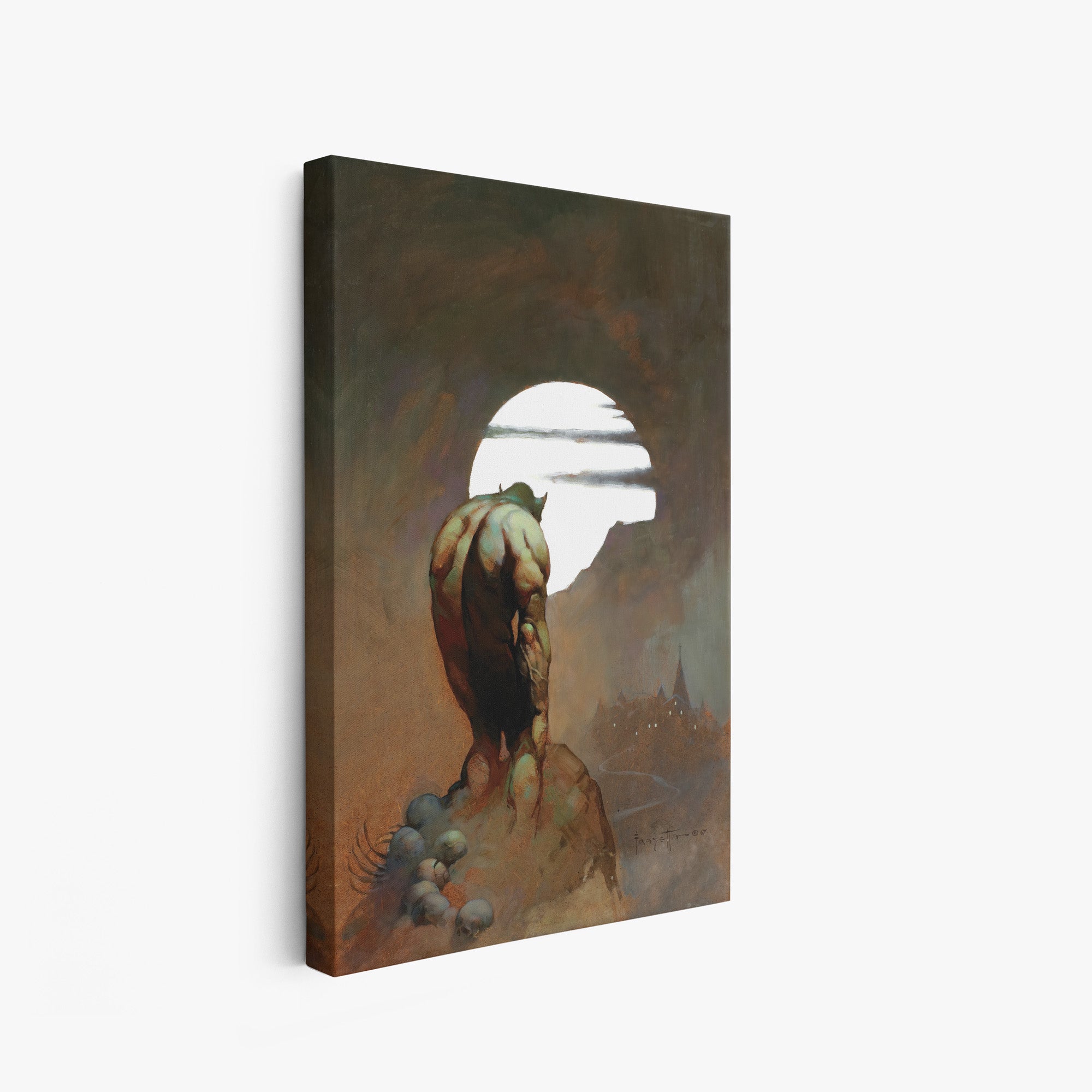 A canvas print of Frazetta’s Night Stalker hung on a white wall, showcasing the artwork with mirror-wrapped edges for a seamless, dimensional look.