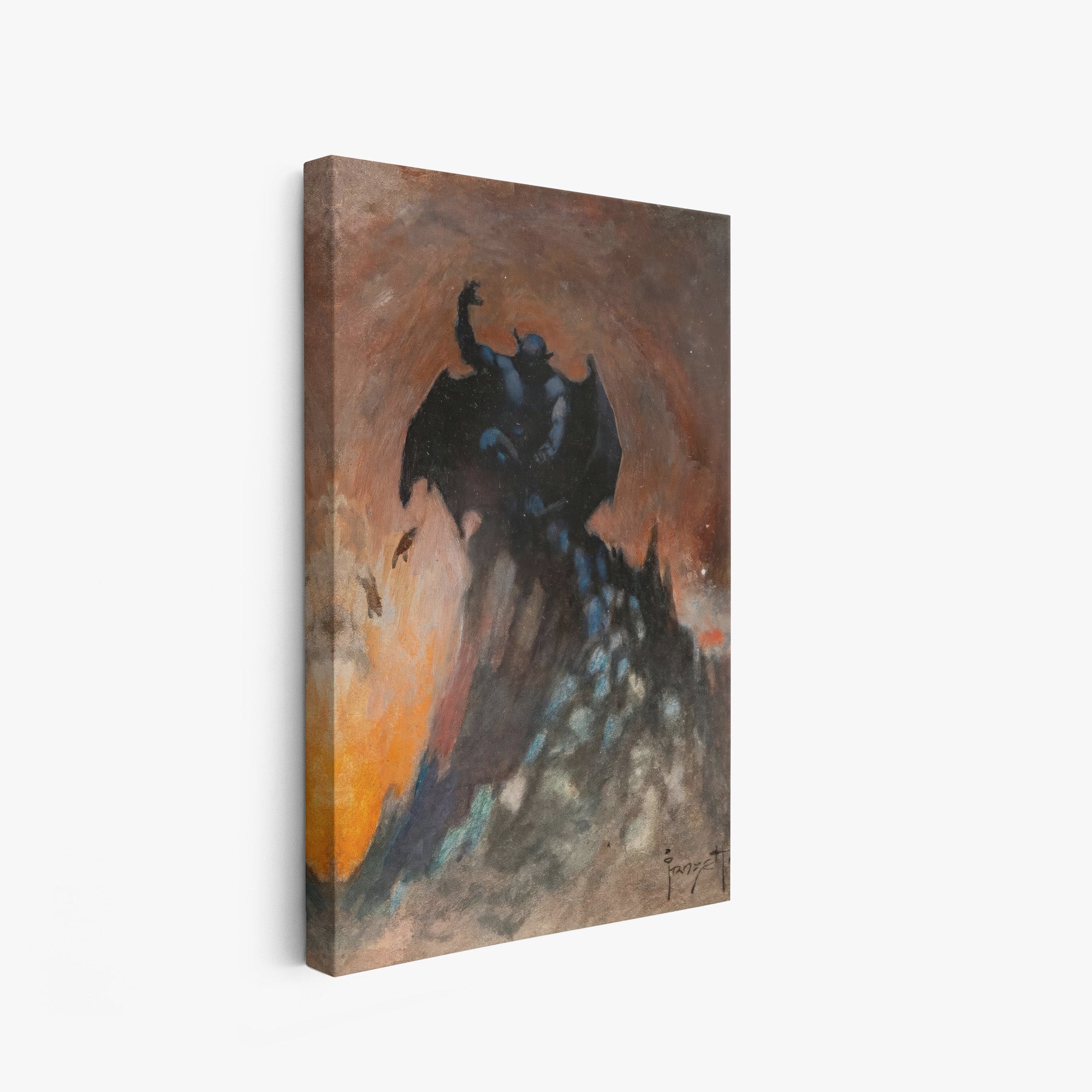 A canvas print of Frazetta’s Night on Bald Mountain hung on a white wall, showcasing the artwork with mirror-wrapped edges for a seamless, dimensional look.