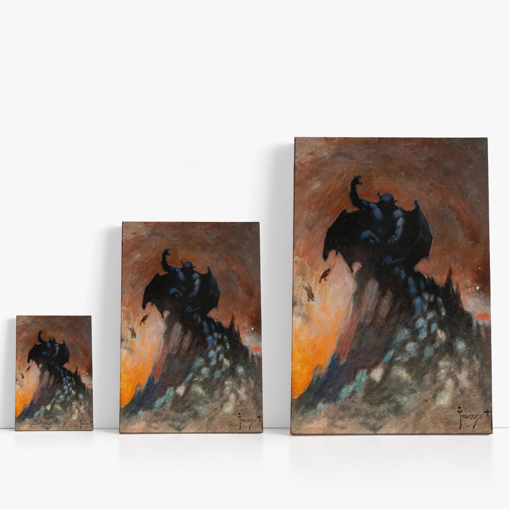 Three wrap-around canvas prints of Frazetta’s Night on Bald Mountain in different sizes, showcasing the artwork with mirror-wrapped edges for a seamless, dimensional look.
