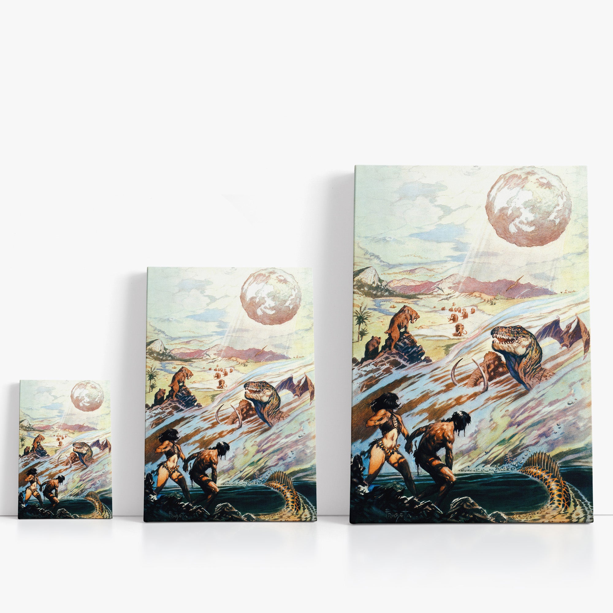 Three wrap-around canvas prints of Frazetta’s Out of Time&