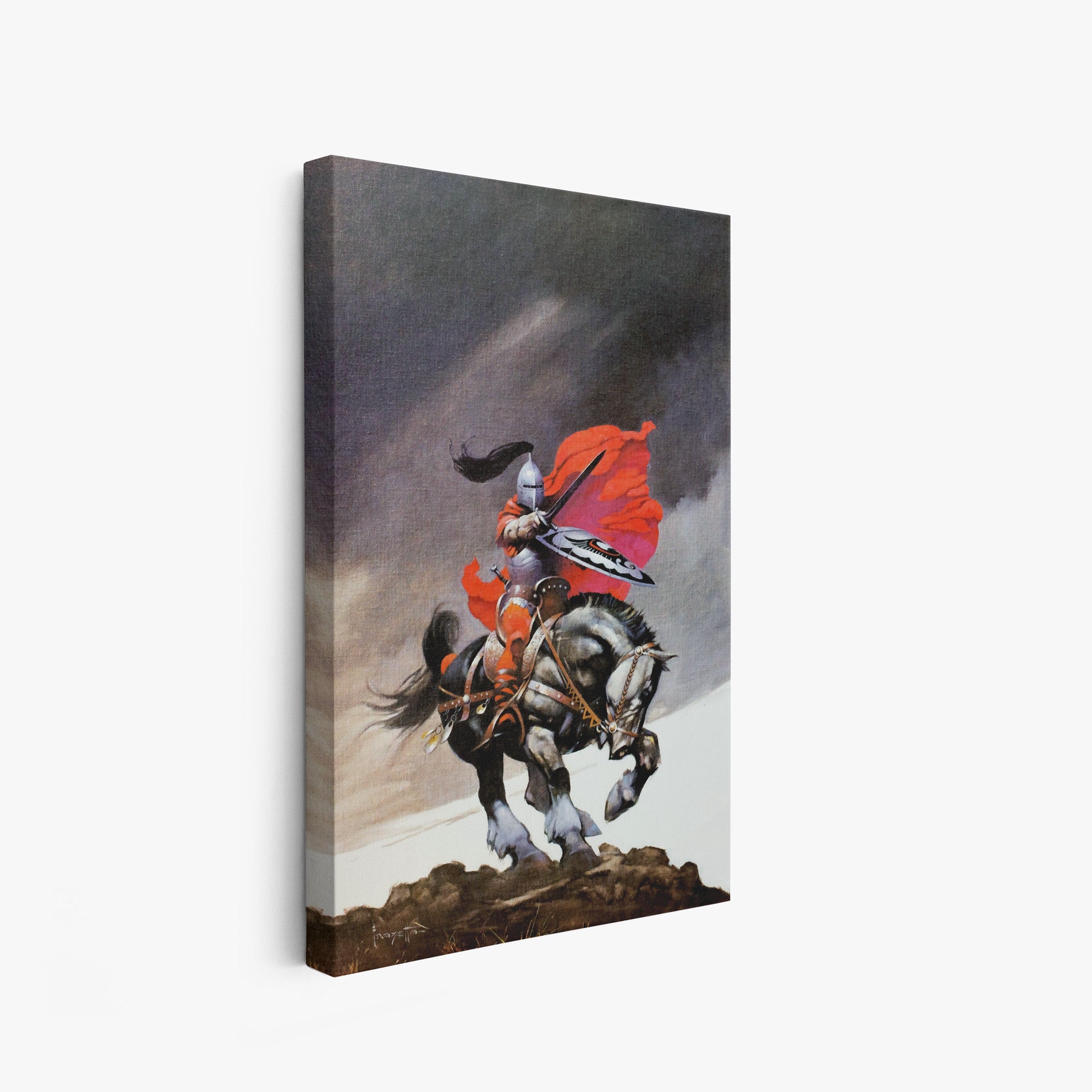 A canvas print of Frazetta’s Outlaw of Torn hung on a white wall, showcasing the artwork with mirror-wrapped edges for a seamless, dimensional look.