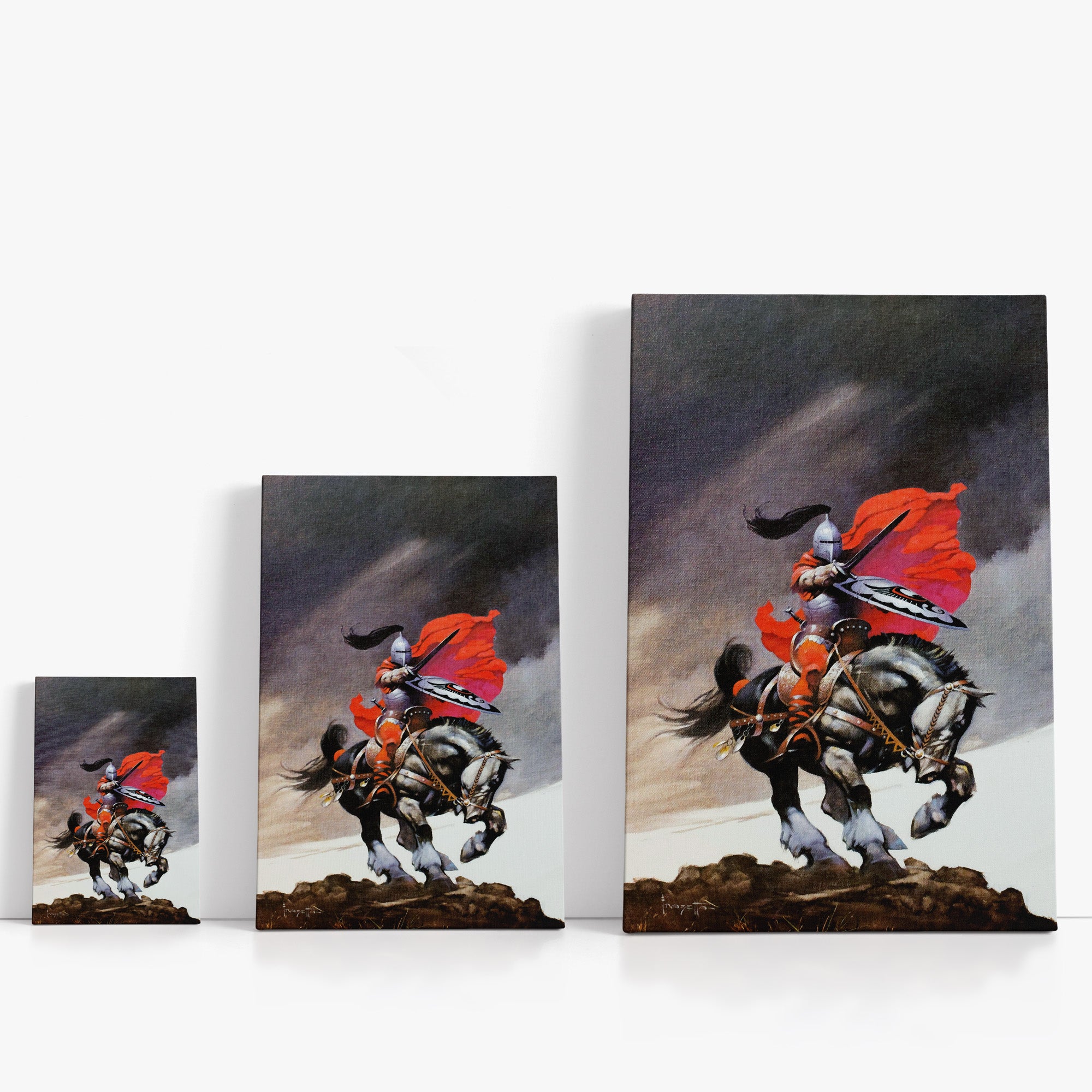 Three wrap-around canvas prints of Frazetta’s Outlaw of Torn in different sizes, showcasing the artwork with mirror-wrapped edges for a seamless, dimensional look.