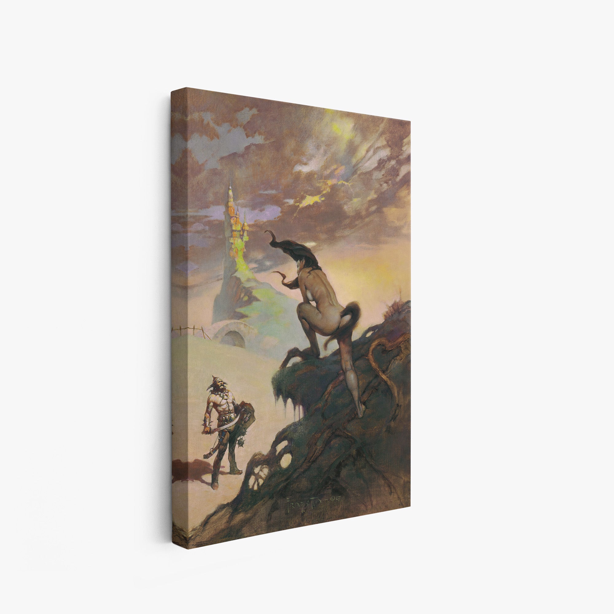 A canvas print of Frazetta’s Pony Tail hung on a white wall, showcasing the artwork with mirror-wrapped edges for a seamless, dimensional look.