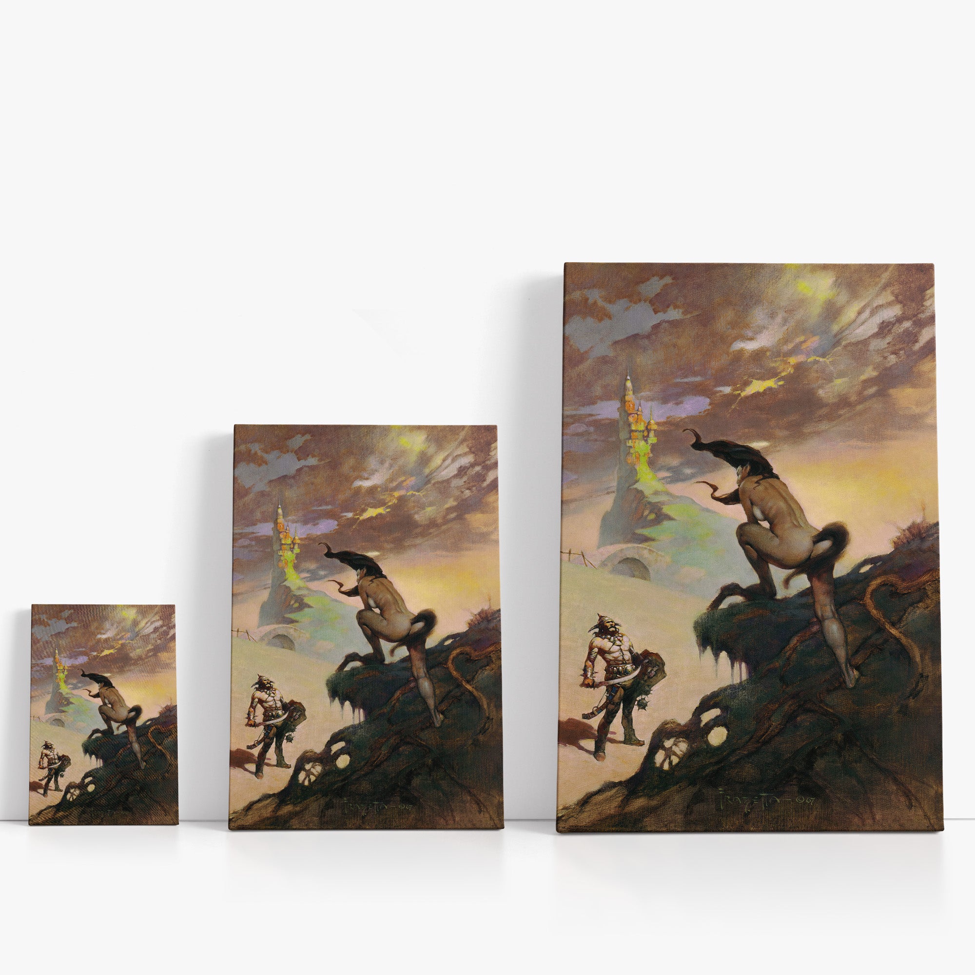 Three wrap-around canvas prints of Frazetta’s Pony Tail in different sizes, showcasing the artwork with mirror-wrapped edges for a seamless, dimensional look.