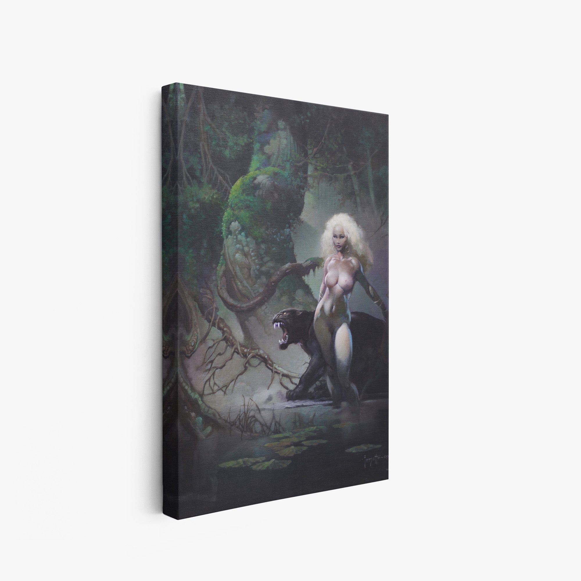 Three wrap-around canvas prints of Frazetta’s Princess and the Panther in different sizes, showcasing the artwork with mirror-wrapped edges for a seamless, dimensional look.