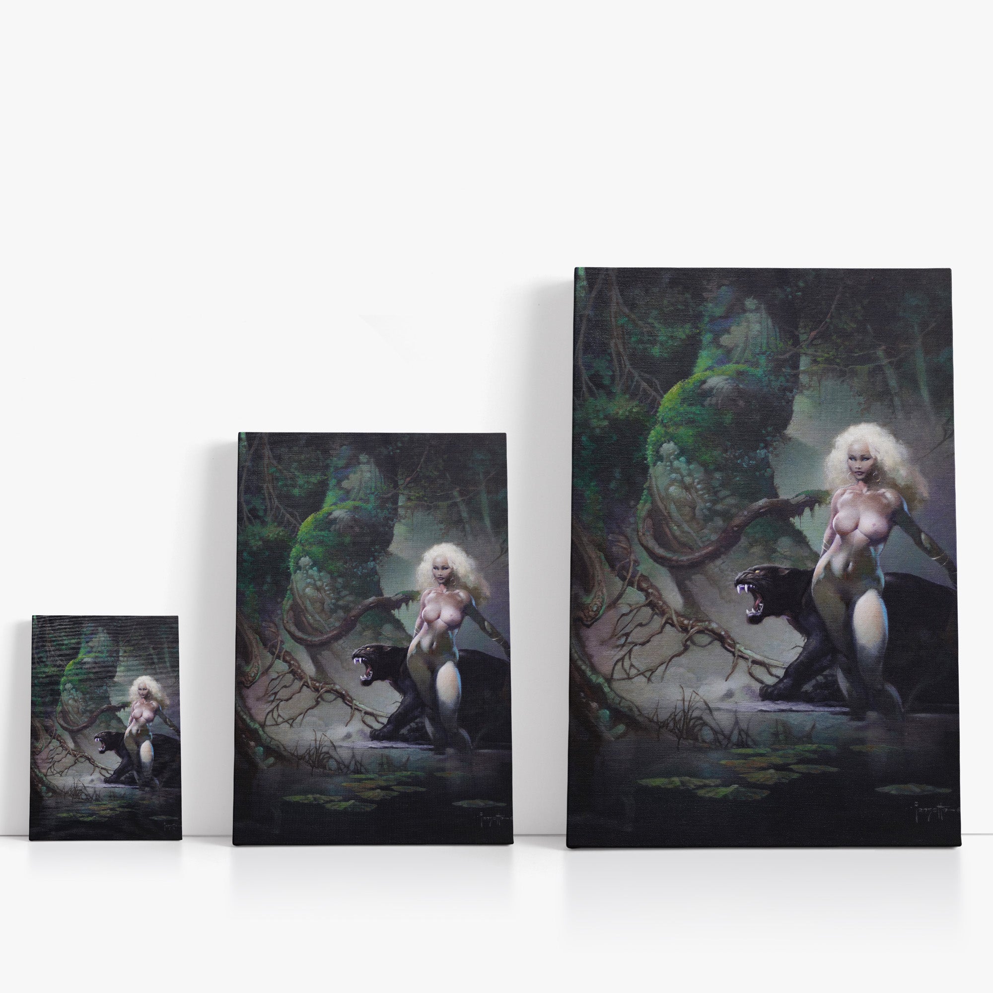 A canvas print of Frazetta’s Princess and the Panther hung on a white wall, showcasing the artwork with mirror-wrapped edges for a seamless, dimensional look.